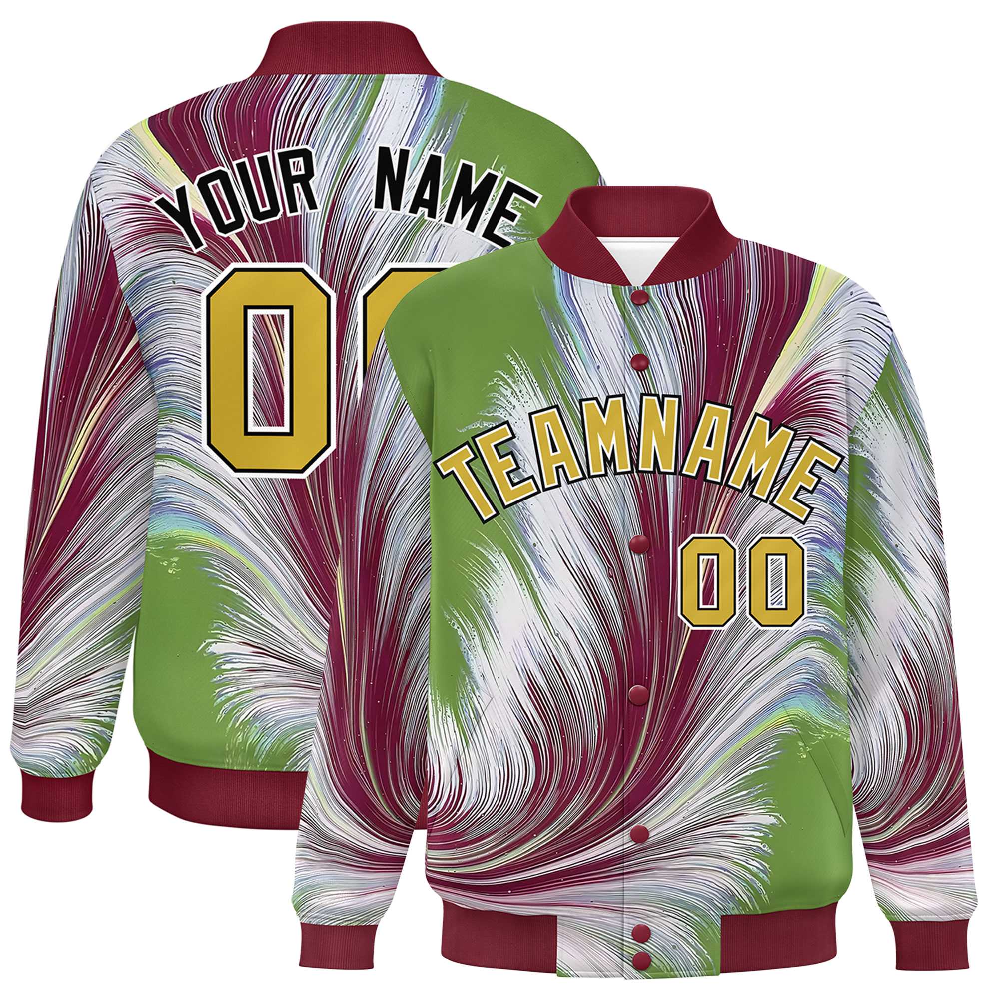 Custom Crimson Varsity Full-Snap Feather Fluid Pattern Letterman Baseball Jacket