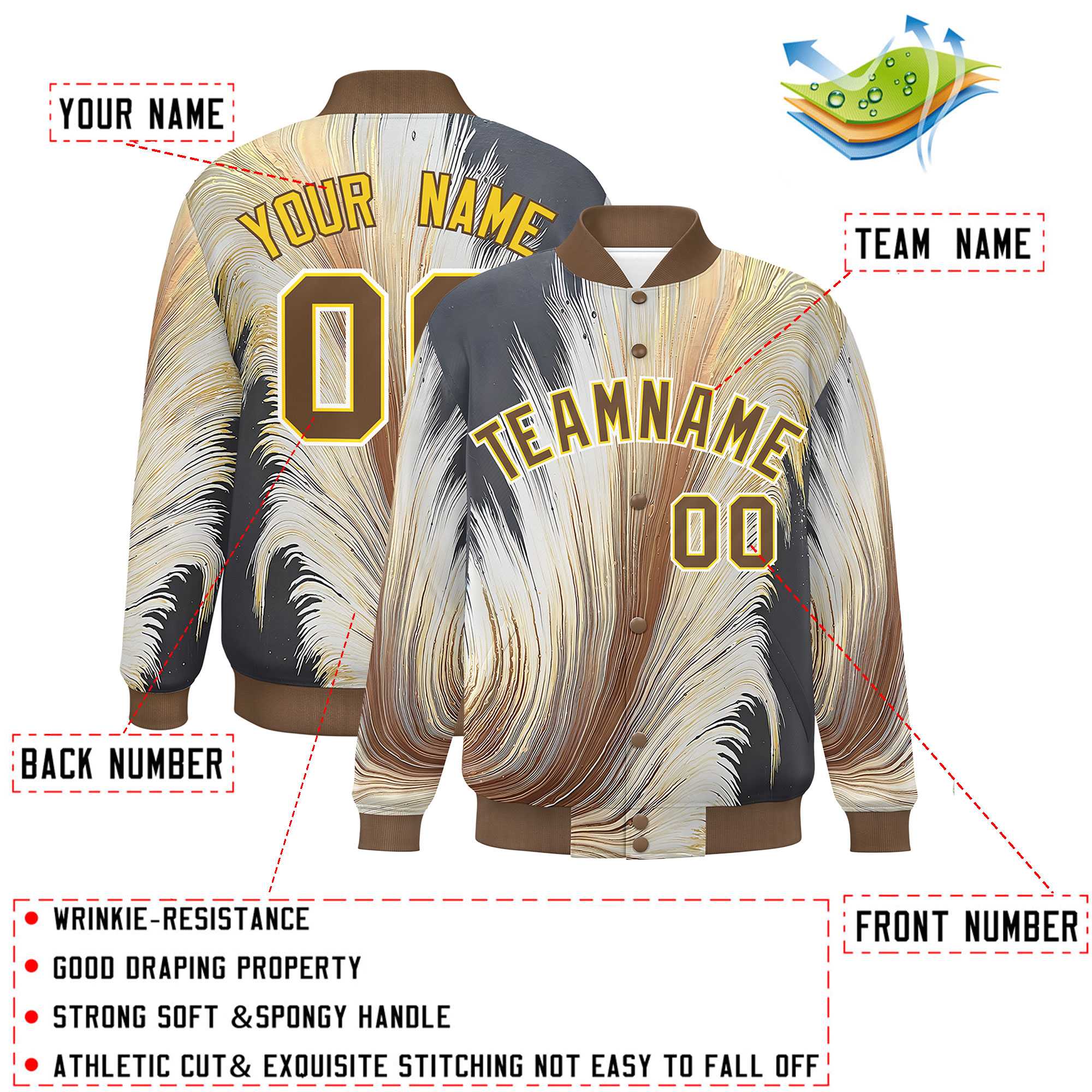 Custom Light Brown Varsity Full-Snap Feather Fluid Pattern Letterman Baseball Jacket