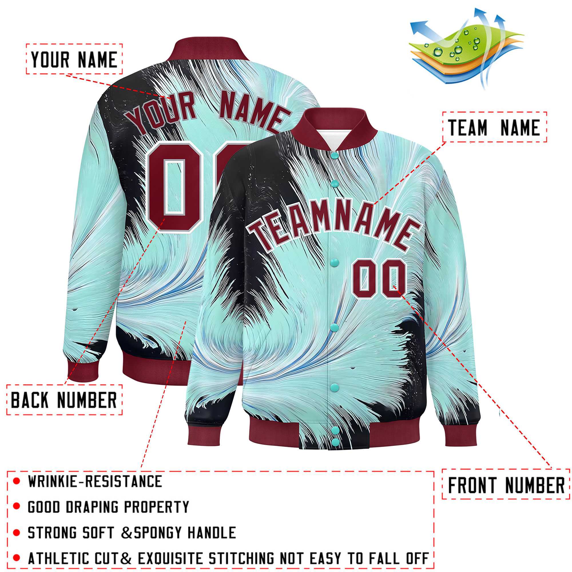 Custom Crimson Varsity Full-Snap Feather Fluid Pattern Letterman Baseball Jacket