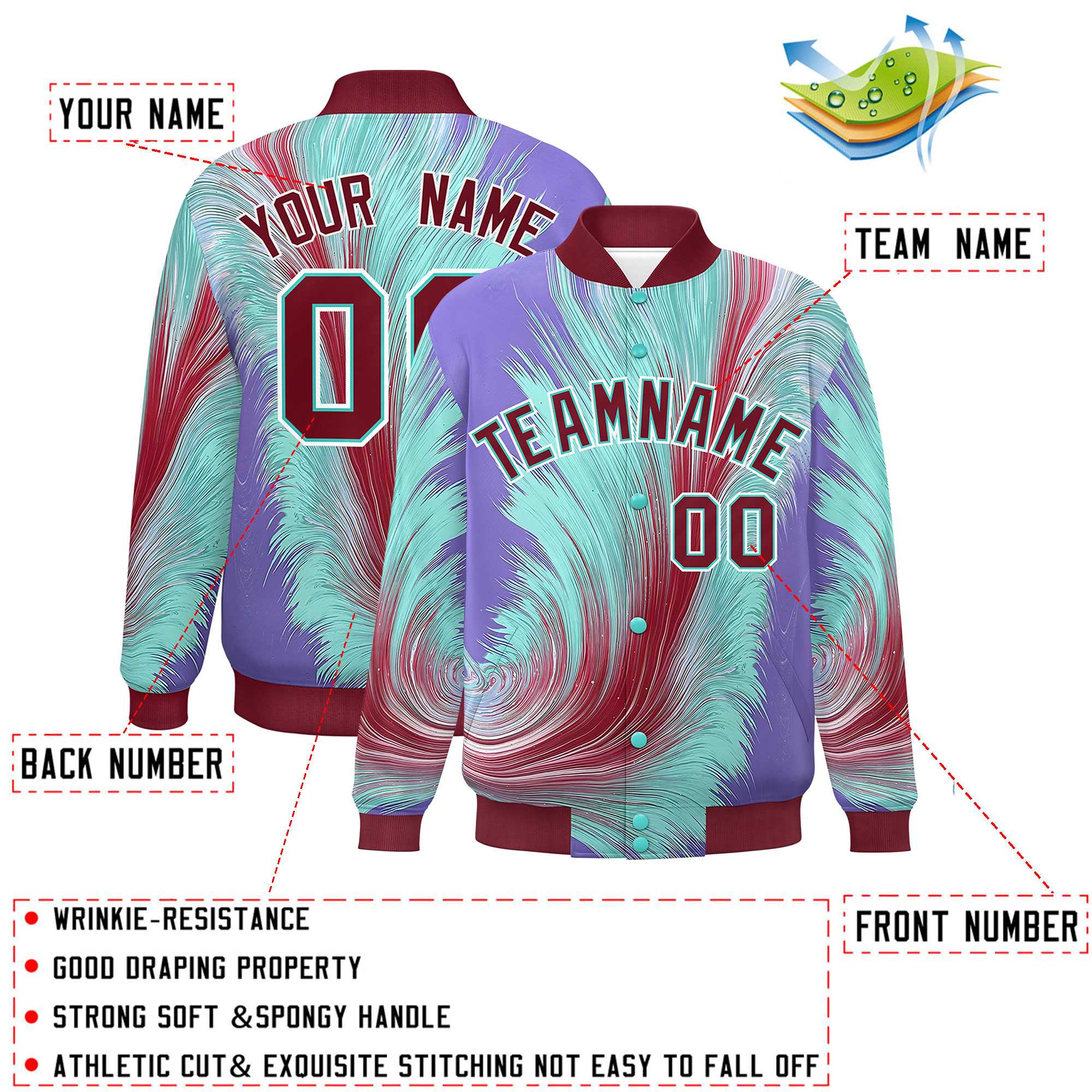 Custom Crimson Varsity Full-Snap Feather Fluid Pattern Letterman Baseball Jacket