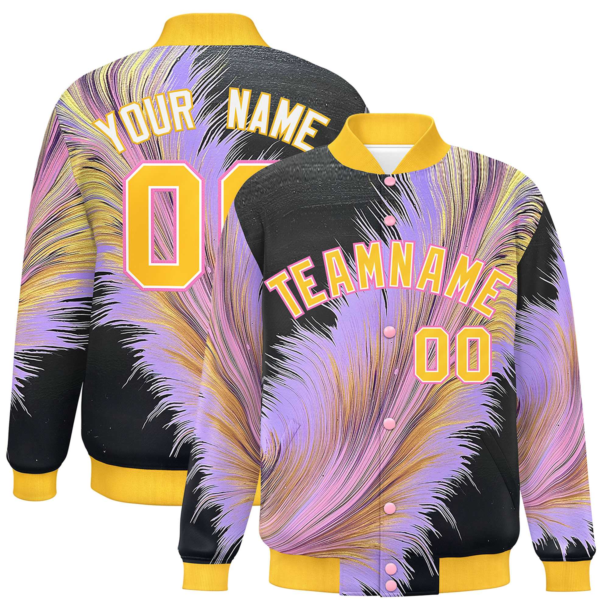 Custom Gold Varsity Full-Snap Feather Fluid Pattern Letterman Baseball Jacket