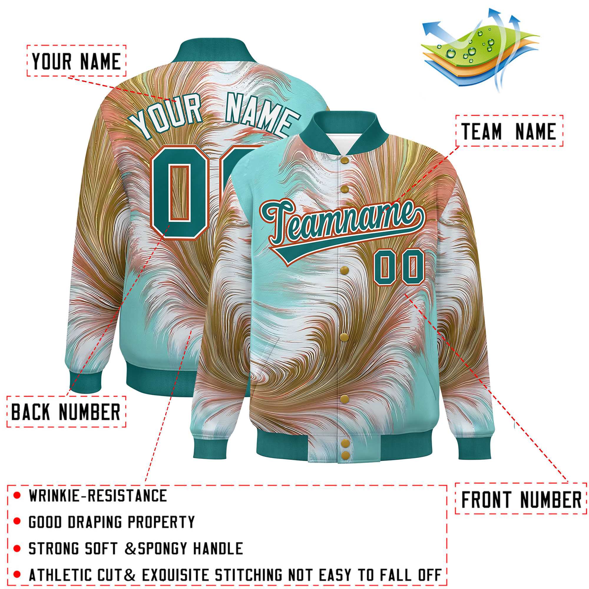 Custom Aqua Varsity Full-Snap Feather Fluid Pattern Letterman Baseball Jacket