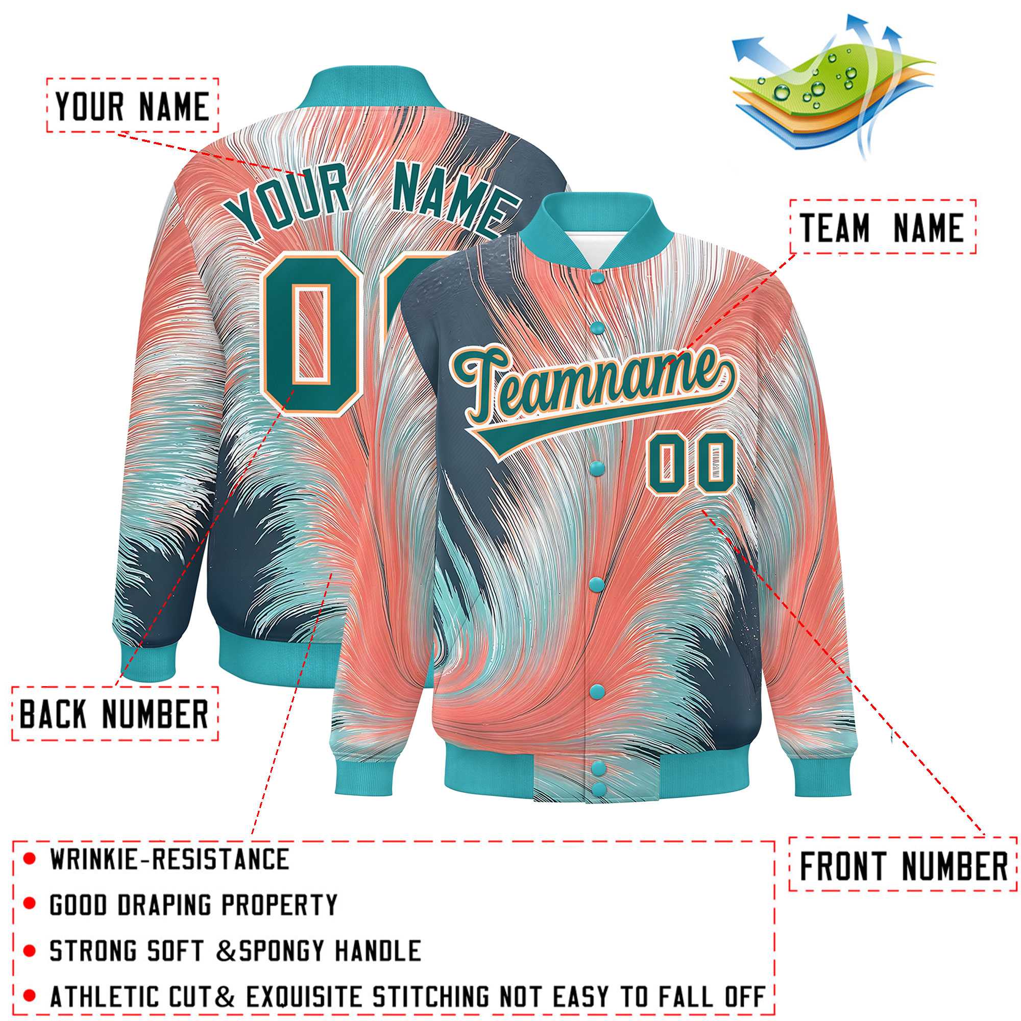 Custom Aqua Varsity Full-Snap Feather Fluid Pattern Letterman Baseball Jacket