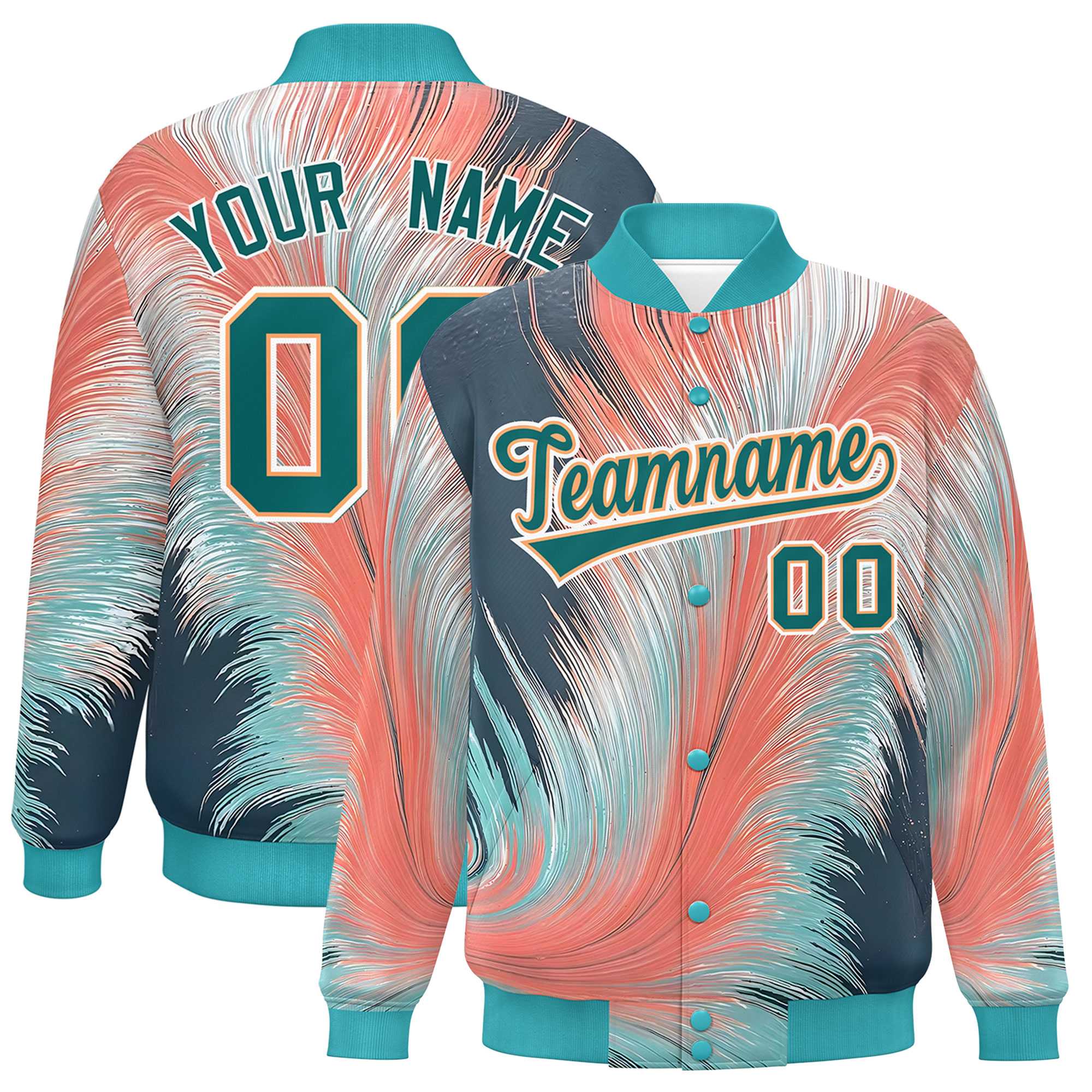 Custom Aqua Varsity Full-Snap Feather Fluid Pattern Letterman Baseball Jacket