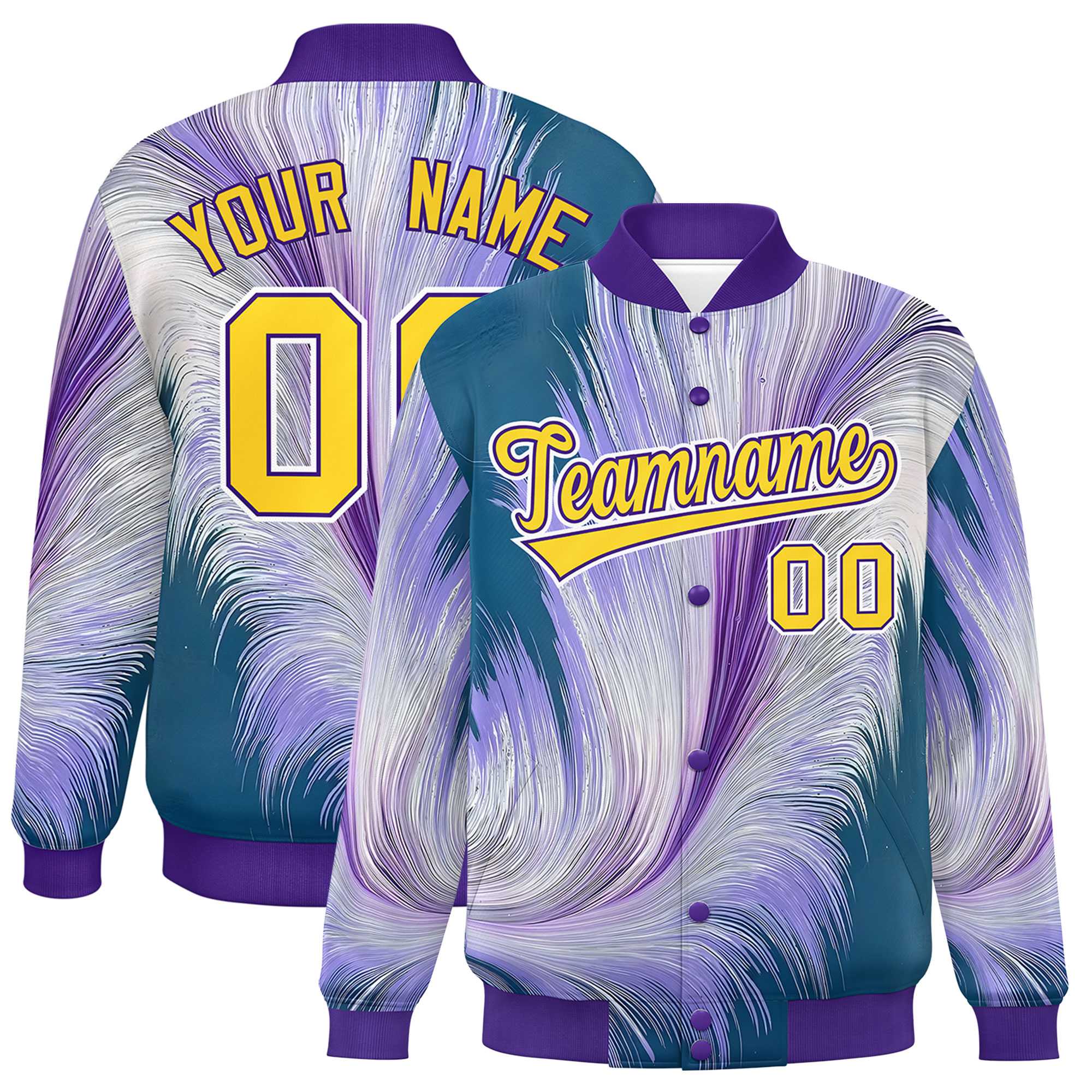 Custom Purple Varsity Full-Snap Feather Fluid Pattern Letterman Baseball Jacket