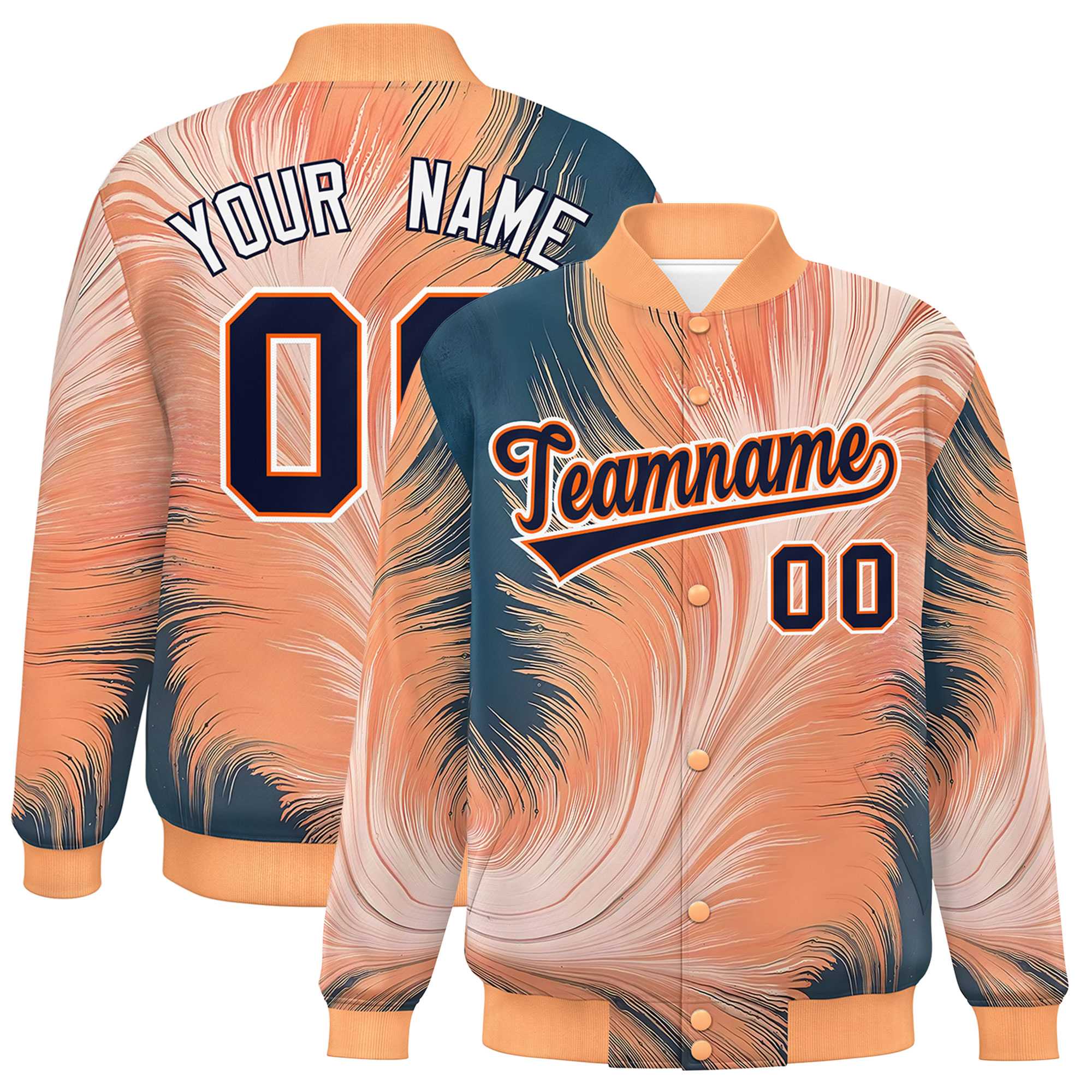 Custom Orange Varsity Full-Snap Feather Fluid Pattern Letterman Baseball Jacket