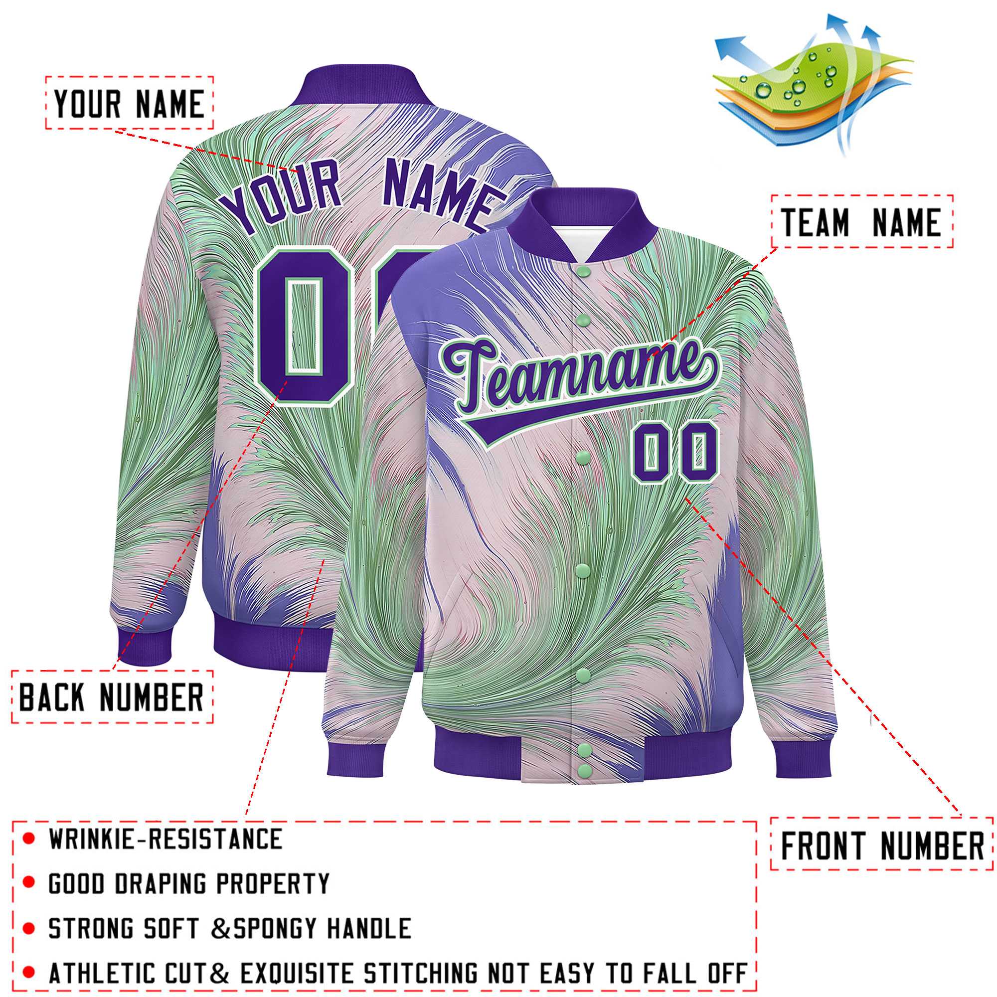 Custom Purple Varsity Full-Snap Feather Fluid Pattern Letterman Baseball Jacket