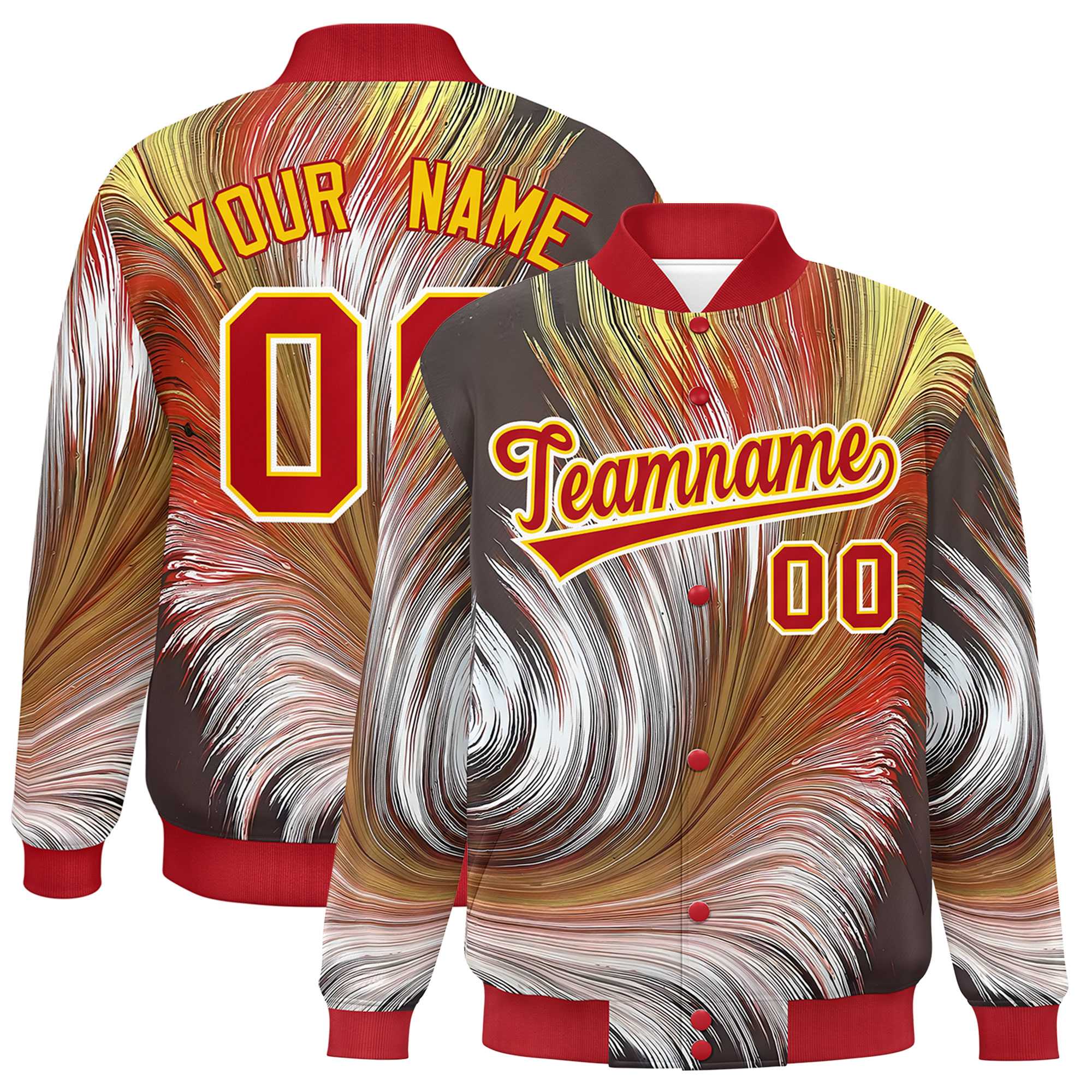 Custom Red Varsity Full-Snap Feather Fluid Pattern Letterman Baseball Jacket