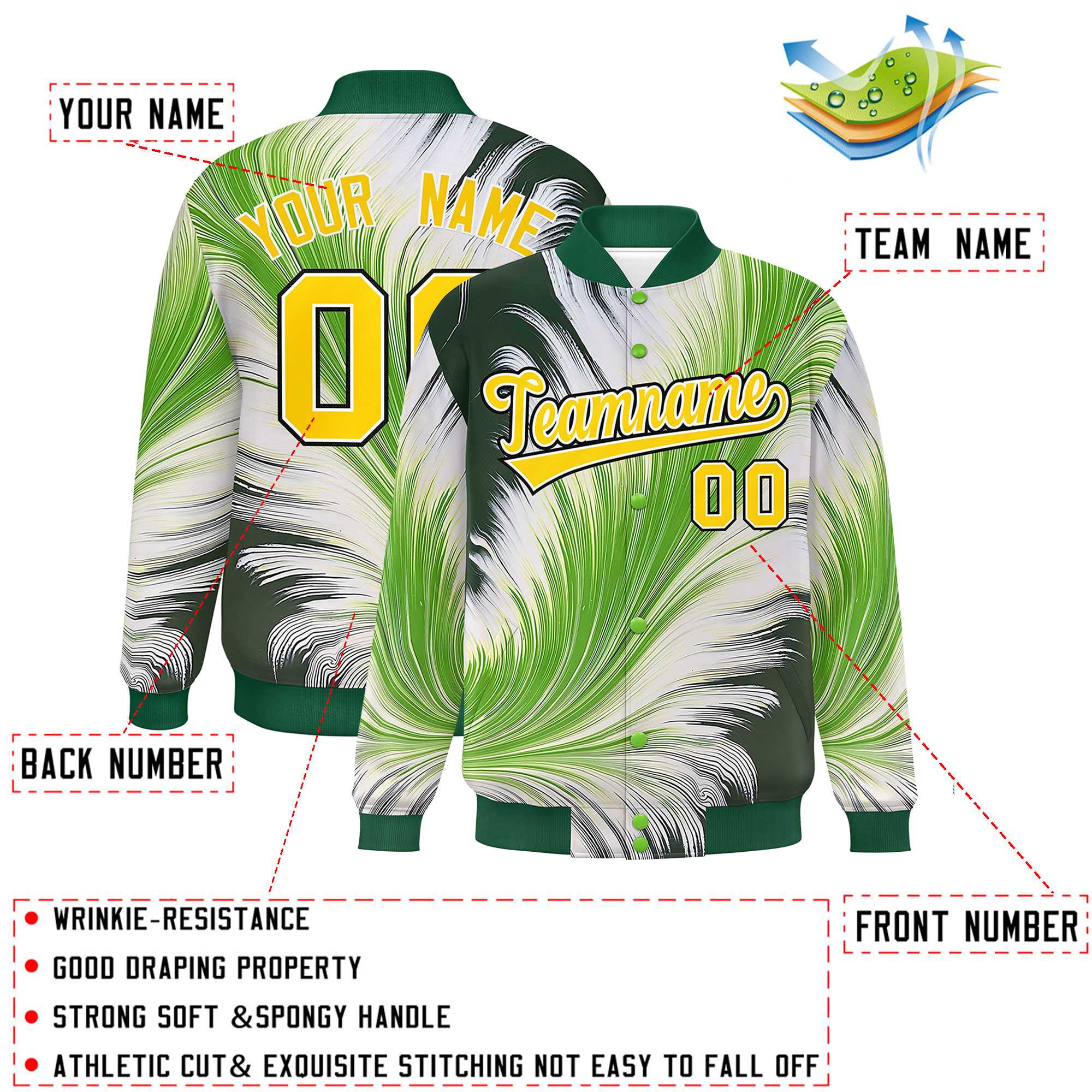 Custom Green Varsity Full-Snap Feather Fluid Pattern Letterman Baseball Jacket