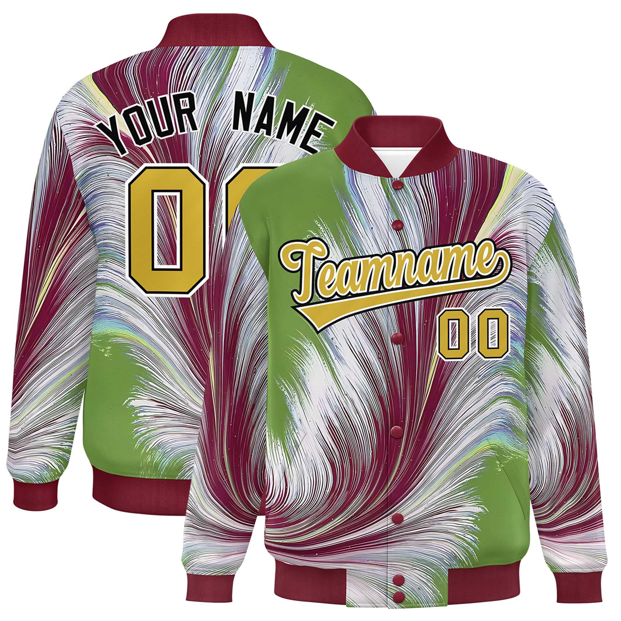 Custom Crimson Varsity Full-Snap Feather Fluid Pattern Letterman Baseball Jacket