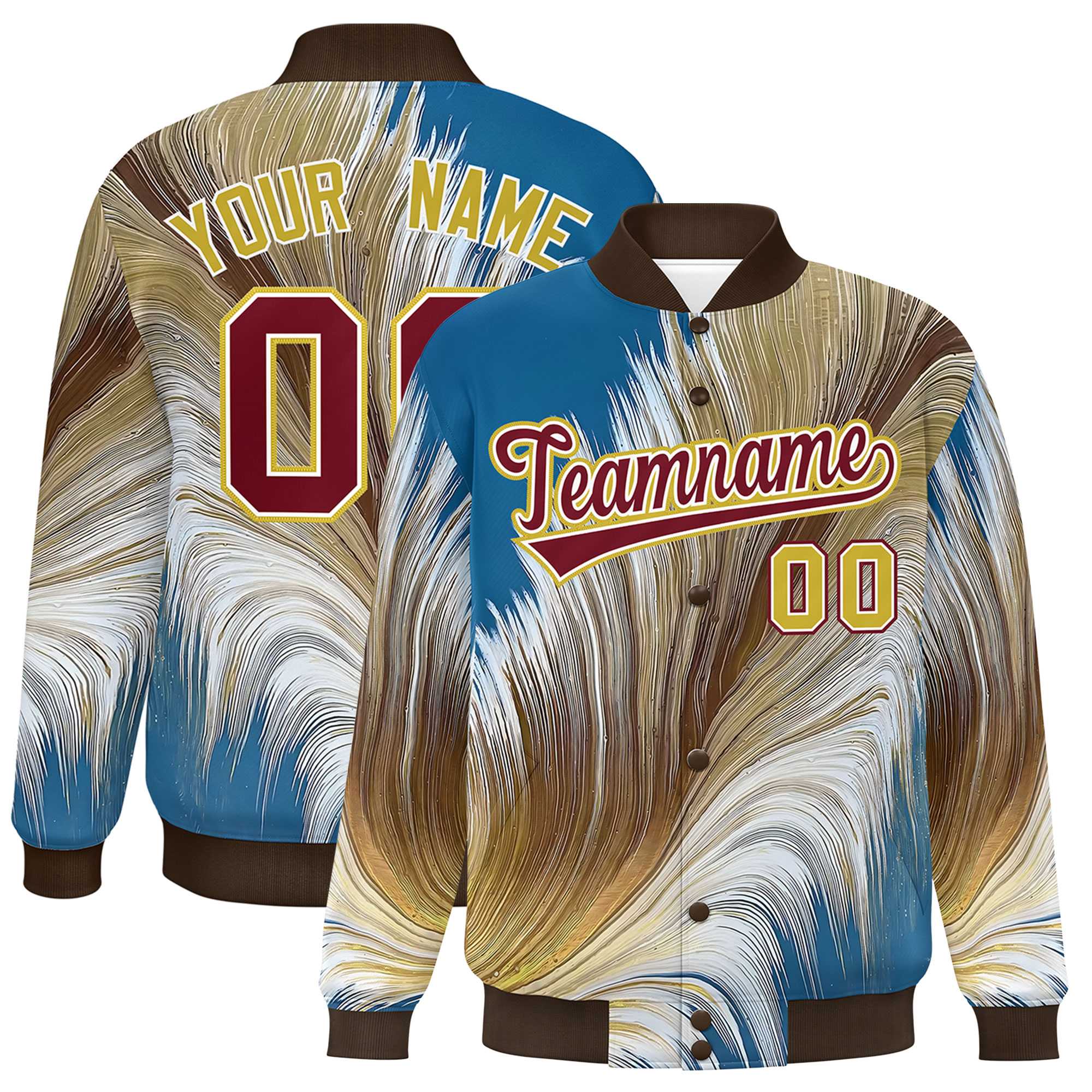 Custom Brown Varsity Full-Snap Feather Fluid Pattern Letterman Baseball Jacket