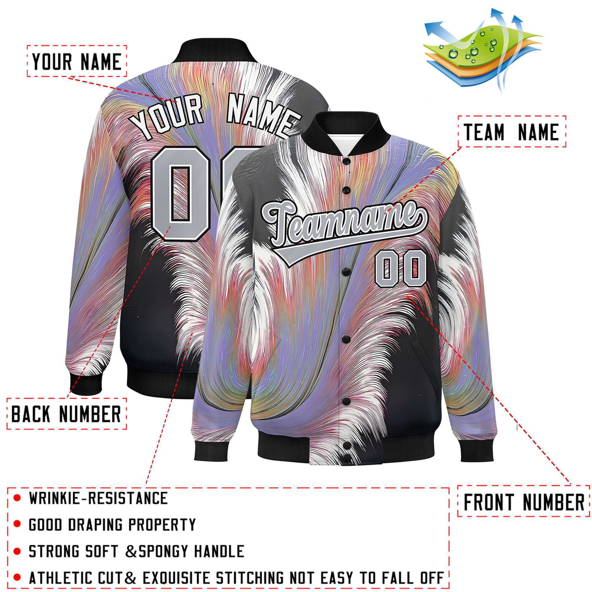 Custom Black Varsity Full-Snap Feather Fluid Pattern Letterman Baseball Jacket