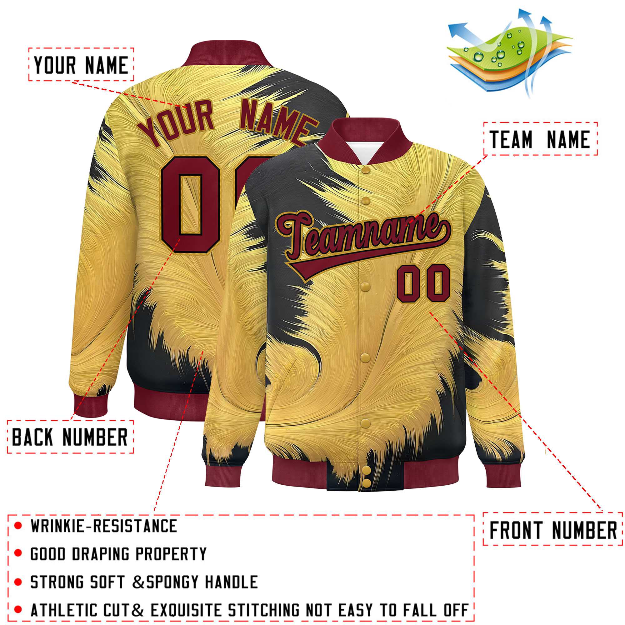 Custom Crimson Varsity Full-Snap Feather Fluid Pattern Letterman Baseball Jacket