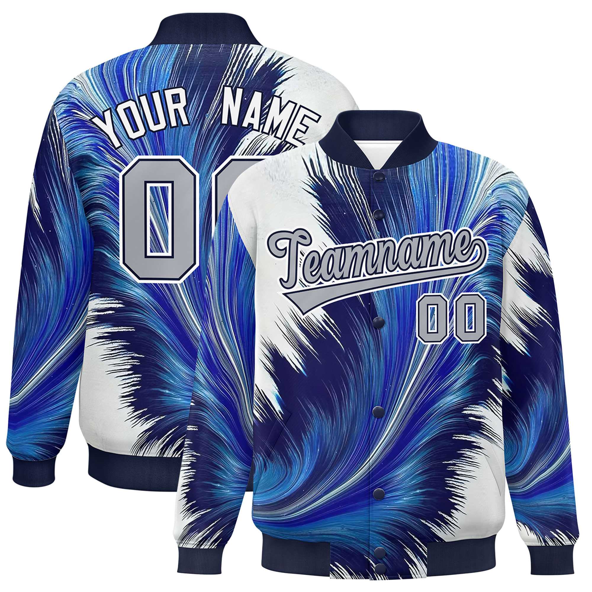 Custom Navy Varsity Full-Snap Feather Fluid Pattern Letterman Baseball Jacket