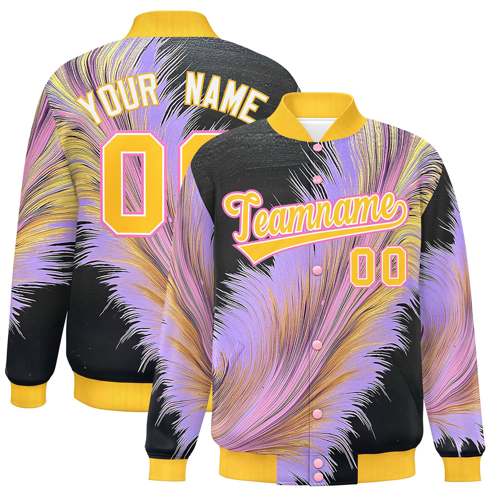 Custom Gold Varsity Full-Snap Feather Fluid Pattern Letterman Baseball Jacket