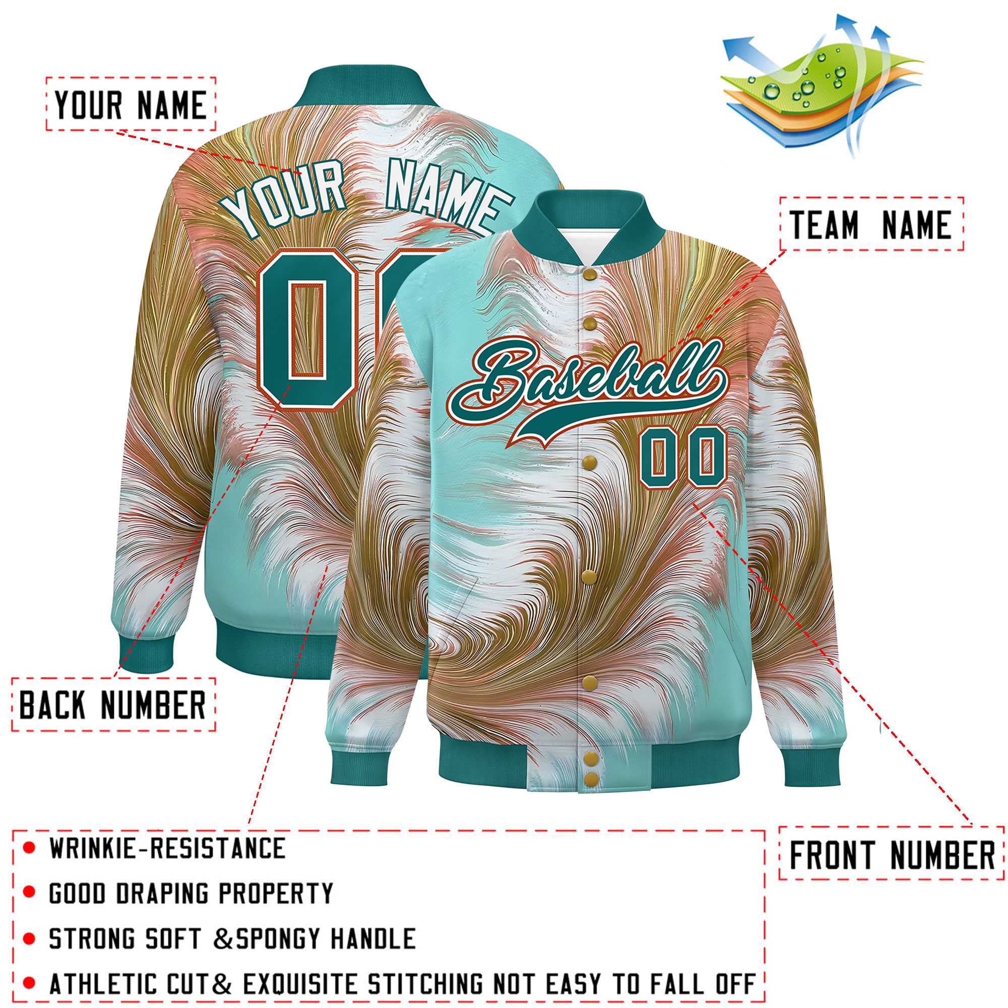 Custom Aqua Varsity Full-Snap Feather Fluid Pattern Letterman Baseball Jacket