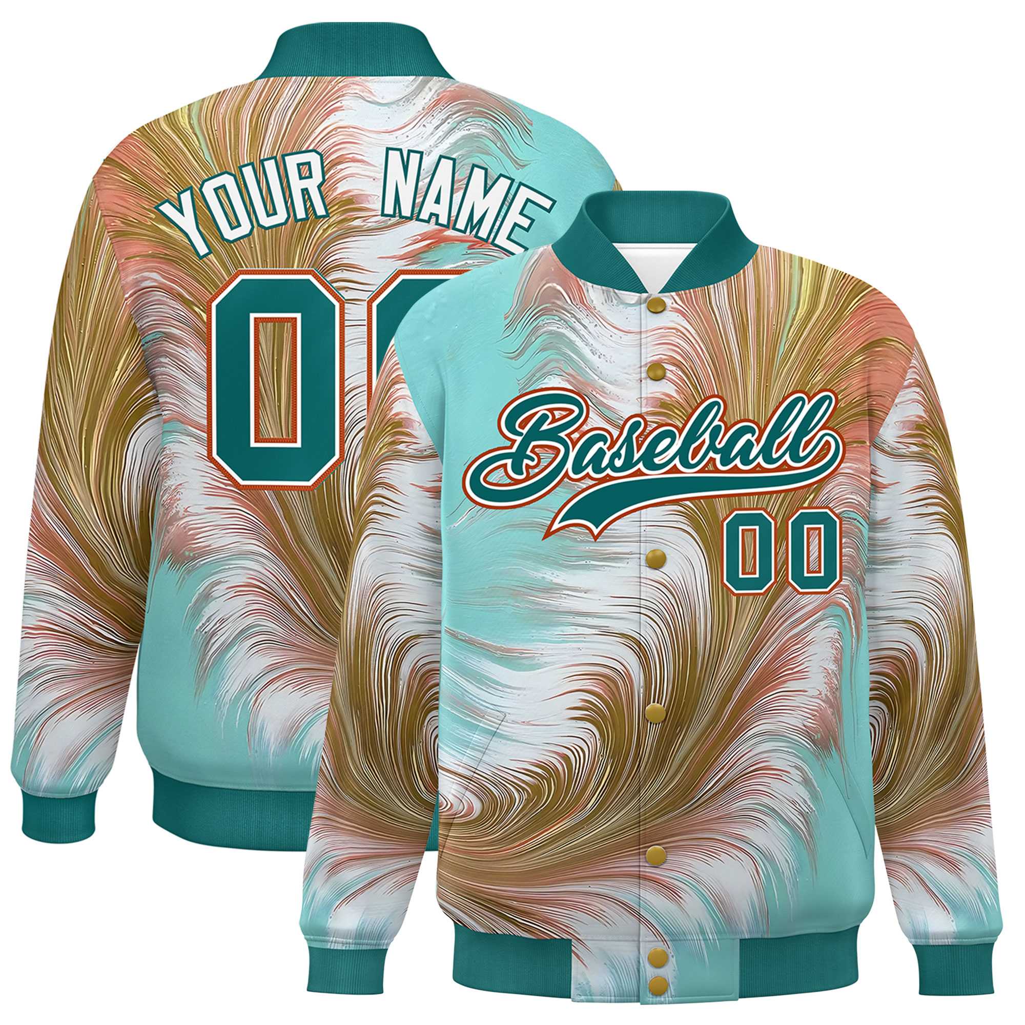 Custom Aqua Varsity Full-Snap Feather Fluid Pattern Letterman Baseball Jacket