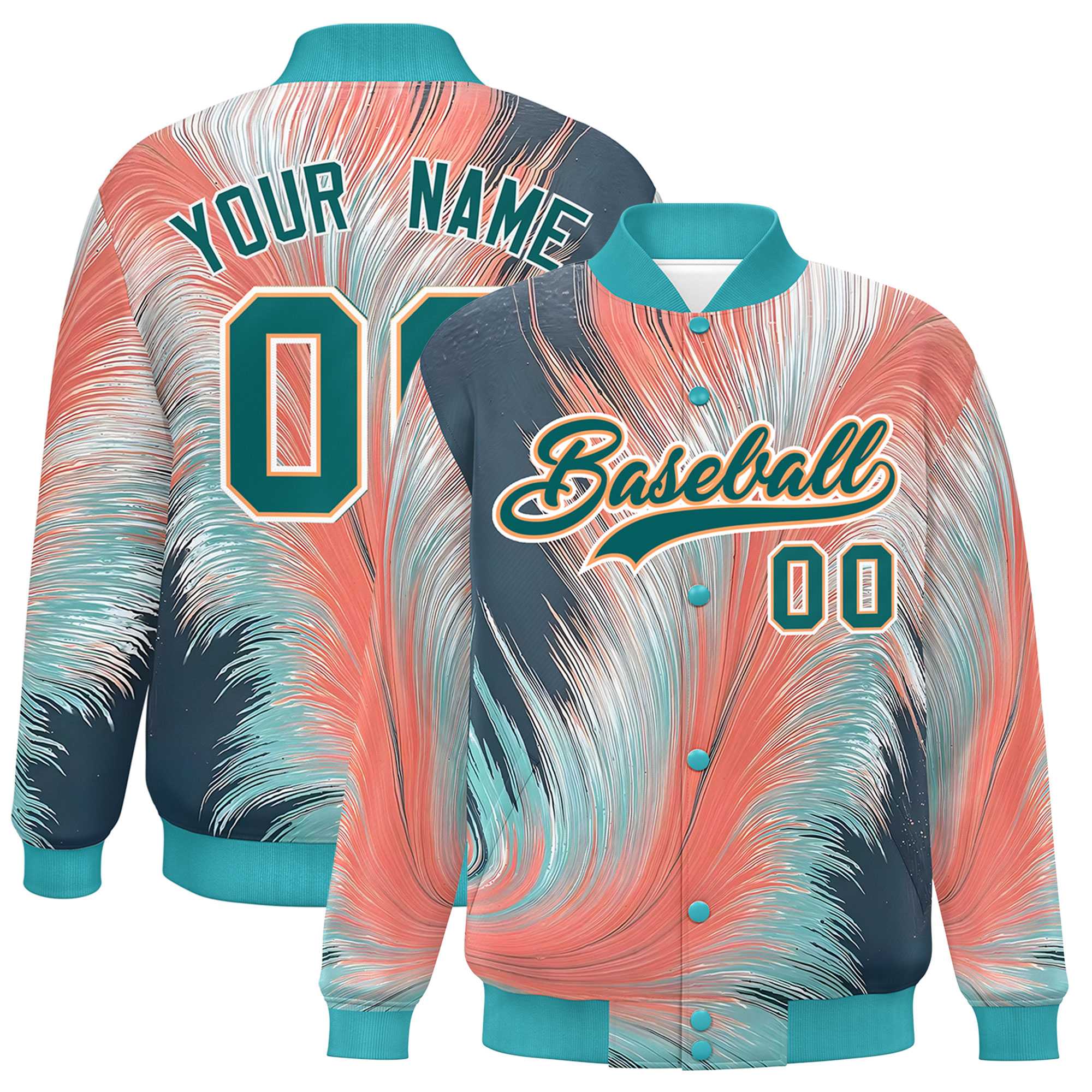 Custom Aqua Varsity Full-Snap Feather Fluid Pattern Letterman Baseball Jacket