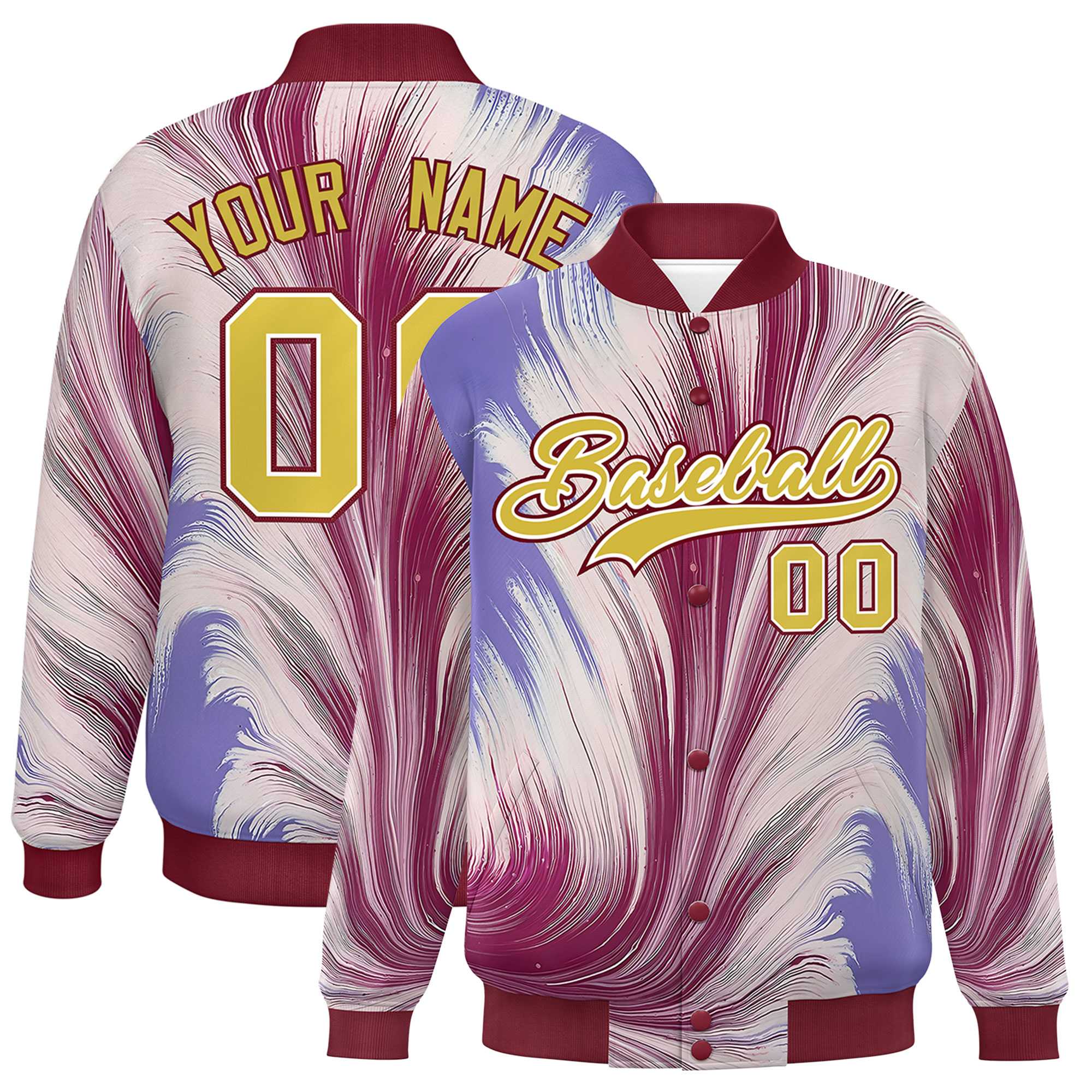 Custom Crimson Varsity Full-Snap Feather Fluid Pattern Letterman Baseball Jacket