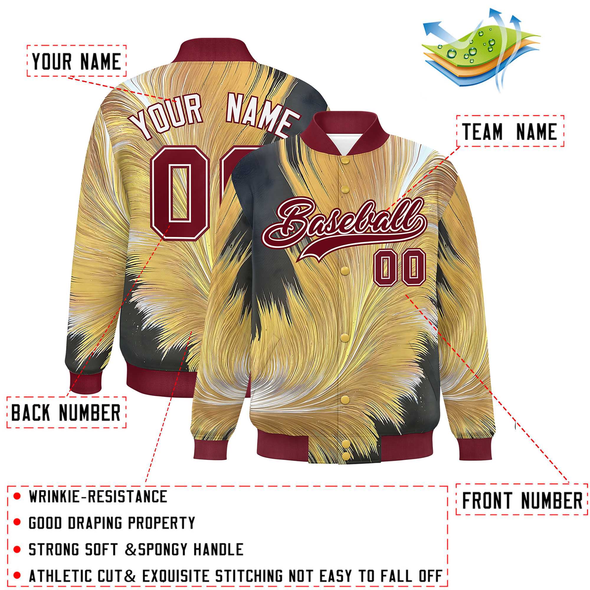 Custom Crimson Varsity Full-Snap Feather Fluid Pattern Letterman Baseball Jacket