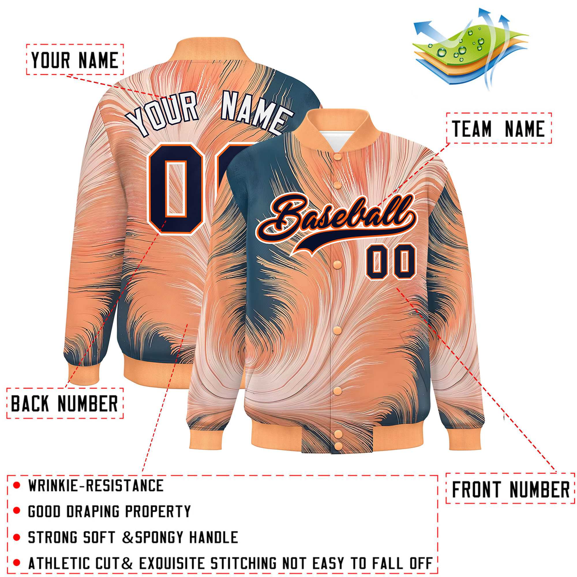 Custom Orange Varsity Full-Snap Feather Fluid Pattern Letterman Baseball Jacket