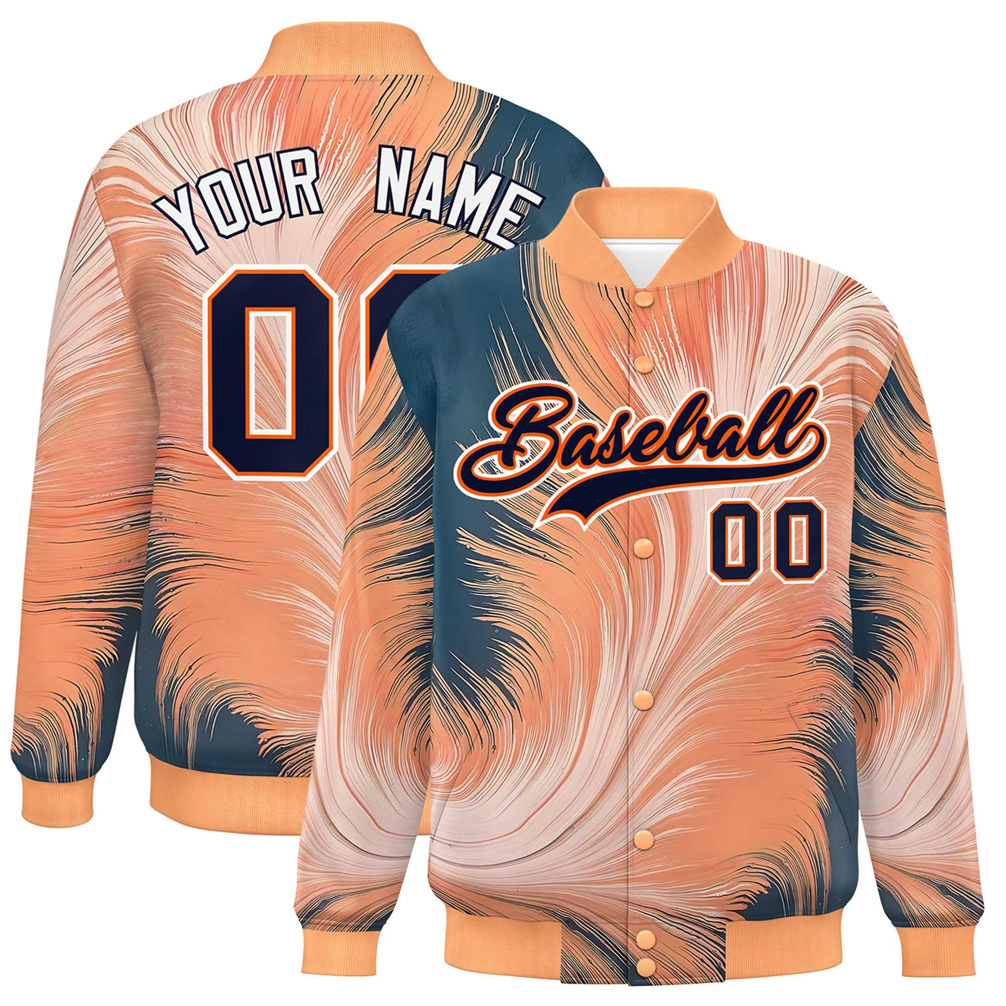 Custom Orange Varsity Full-Snap Feather Fluid Pattern Letterman Baseball Jacket