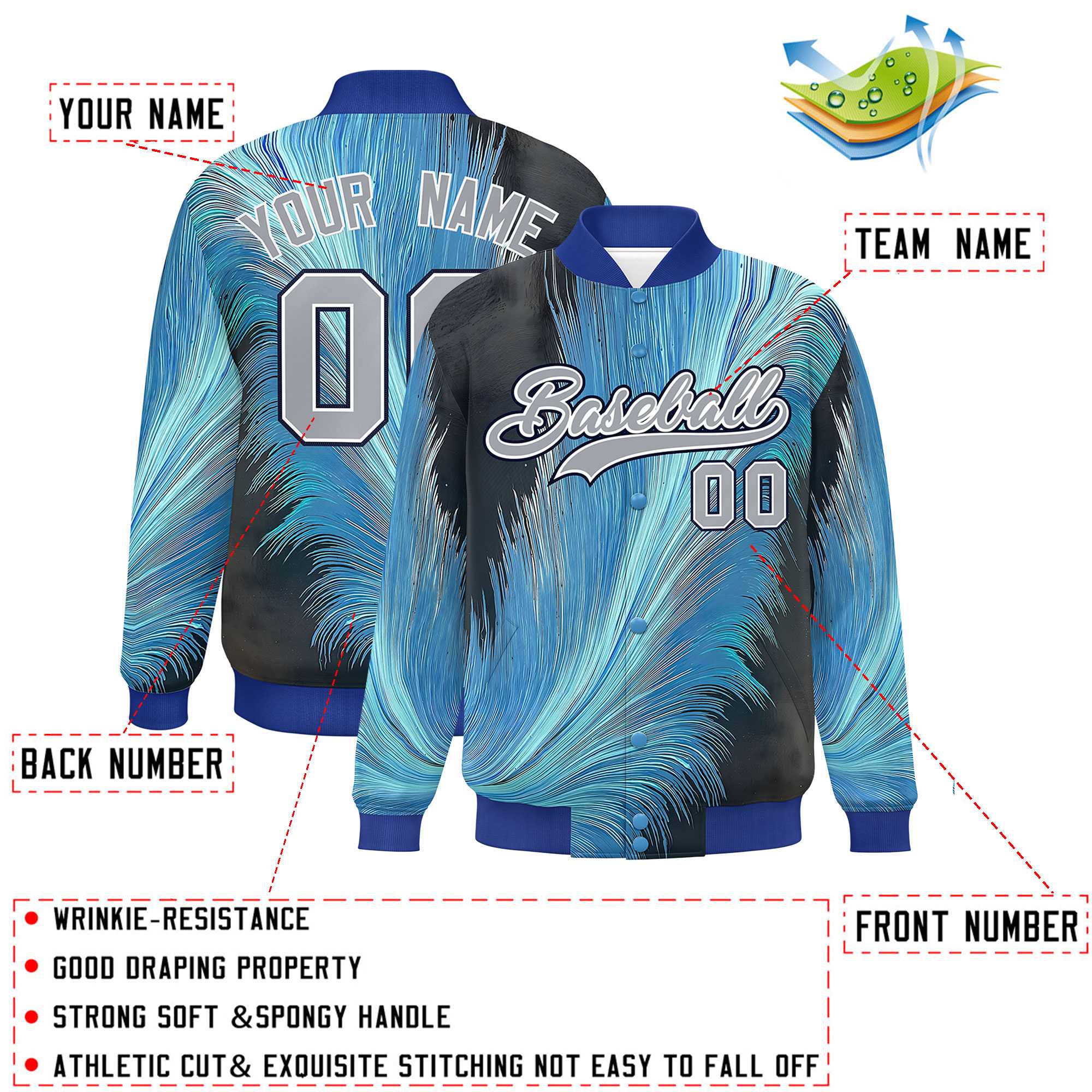 Custom Royal Varsity Full-Snap Feather Fluid Pattern Letterman Baseball Jacket