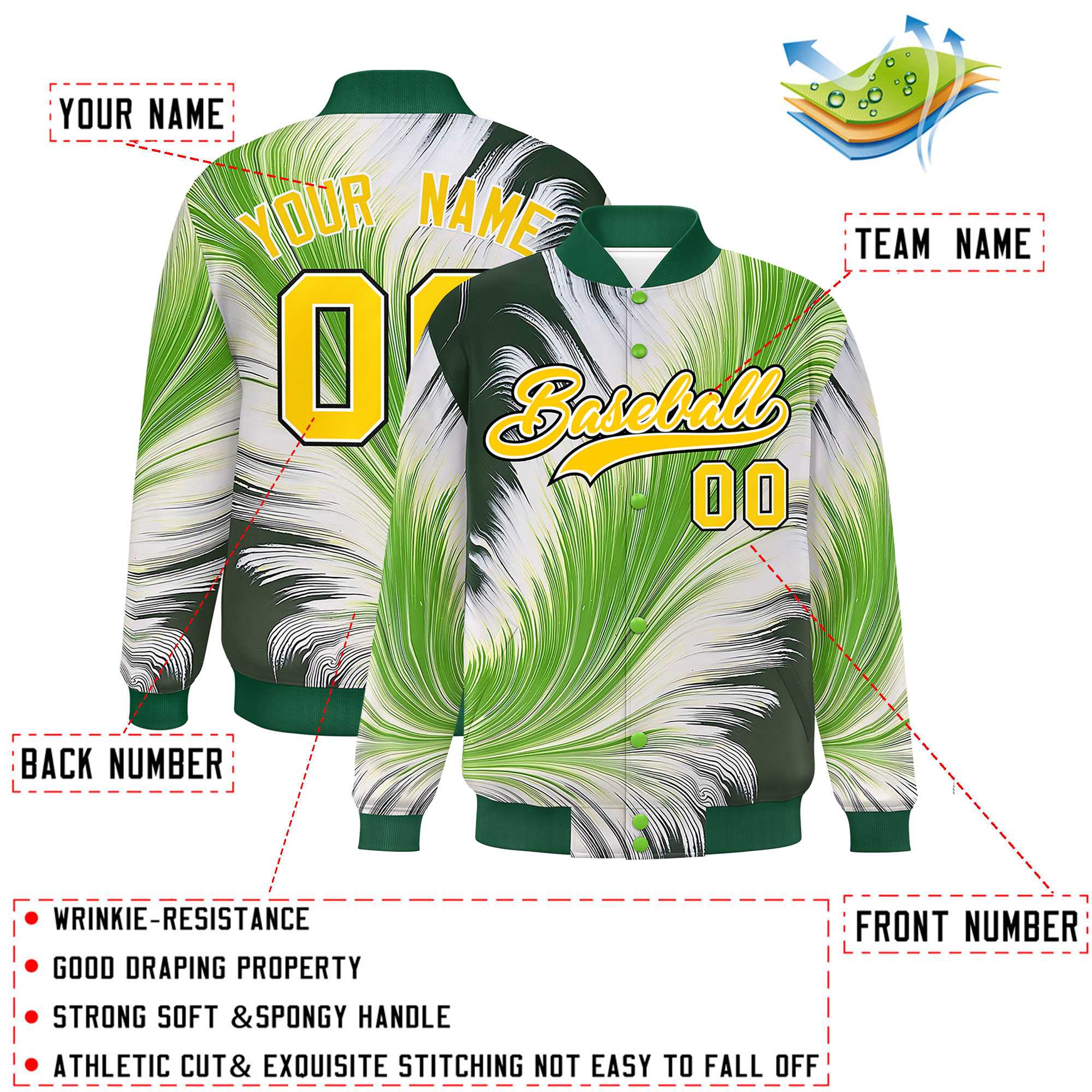 Custom Green Varsity Full-Snap Feather Fluid Pattern Letterman Baseball Jacket