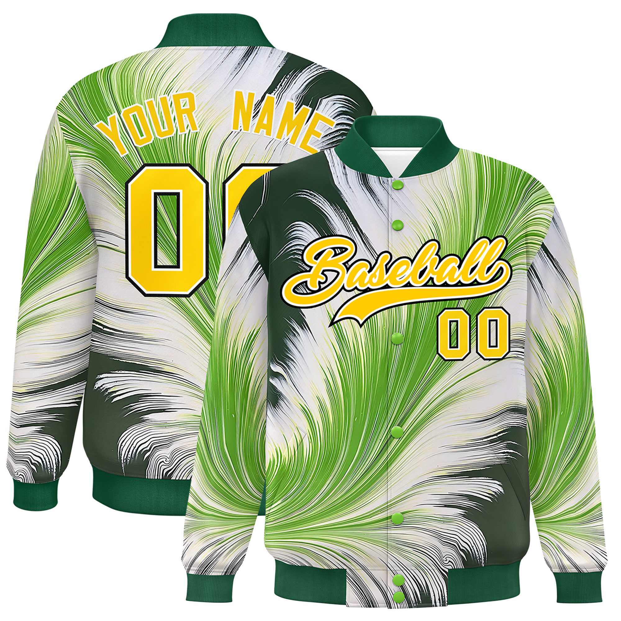 Custom Green Varsity Full-Snap Feather Fluid Pattern Letterman Baseball Jacket