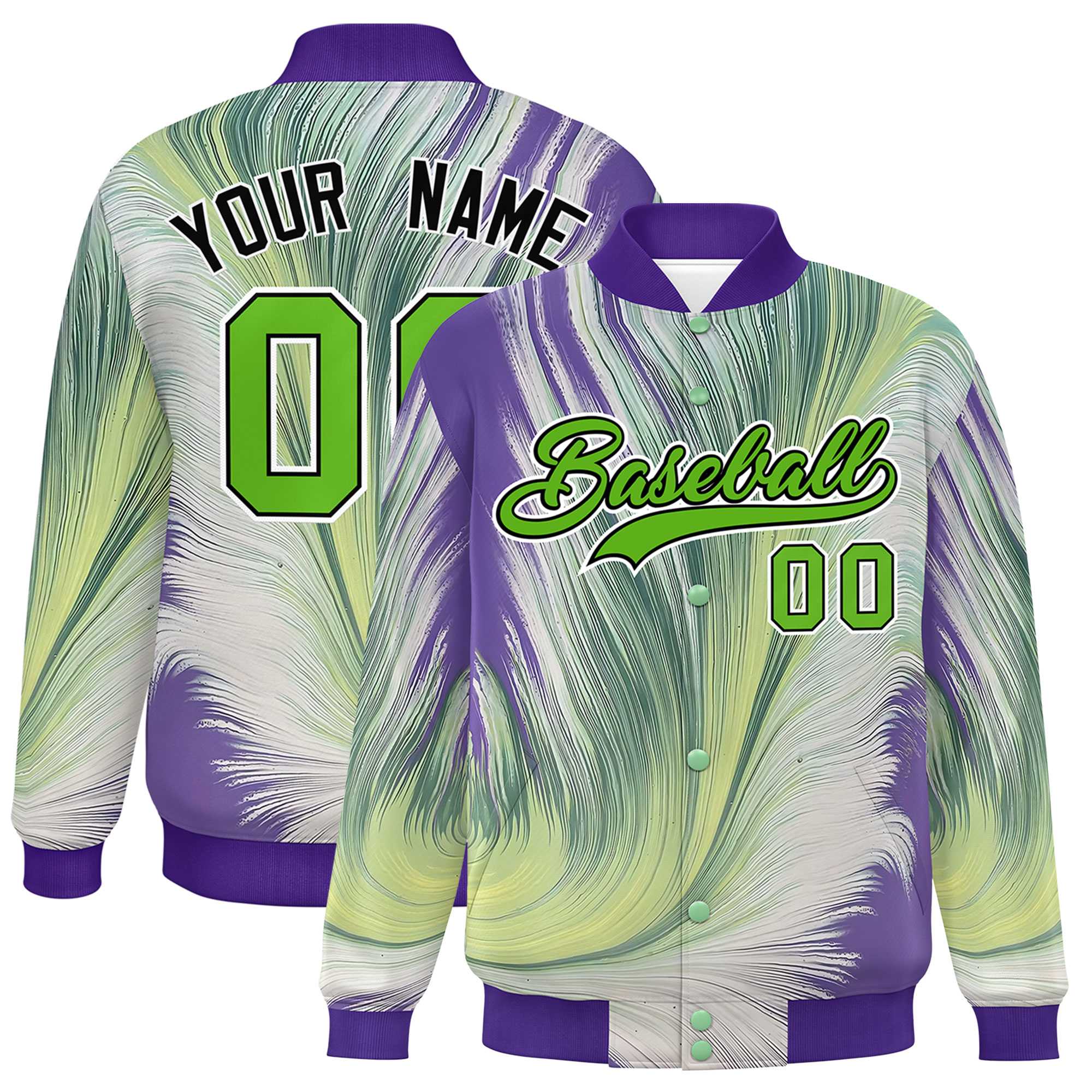 Custom Purple Varsity Full-Snap Feather Fluid Pattern Letterman Baseball Jacket