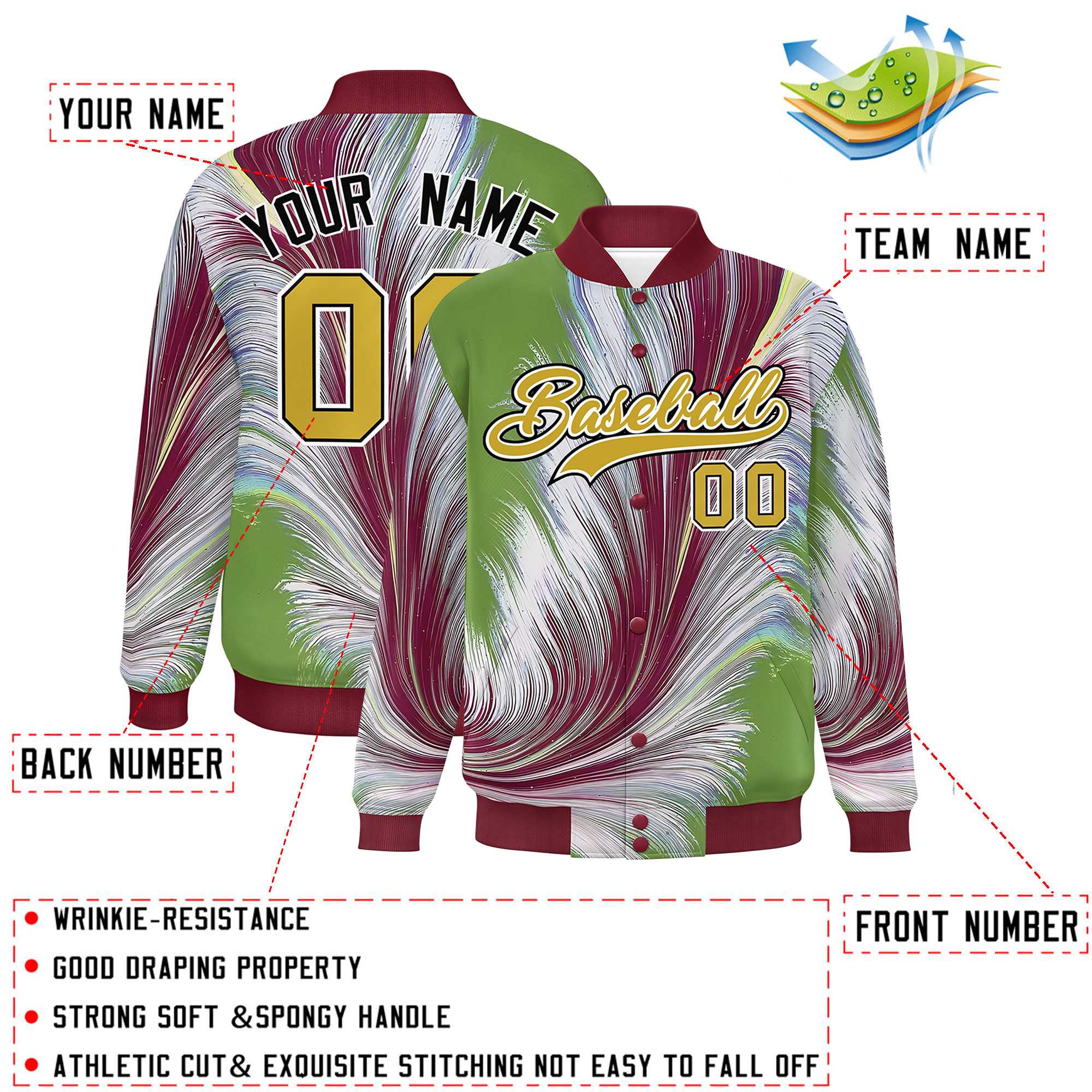 Custom Crimson Varsity Full-Snap Feather Fluid Pattern Letterman Baseball Jacket