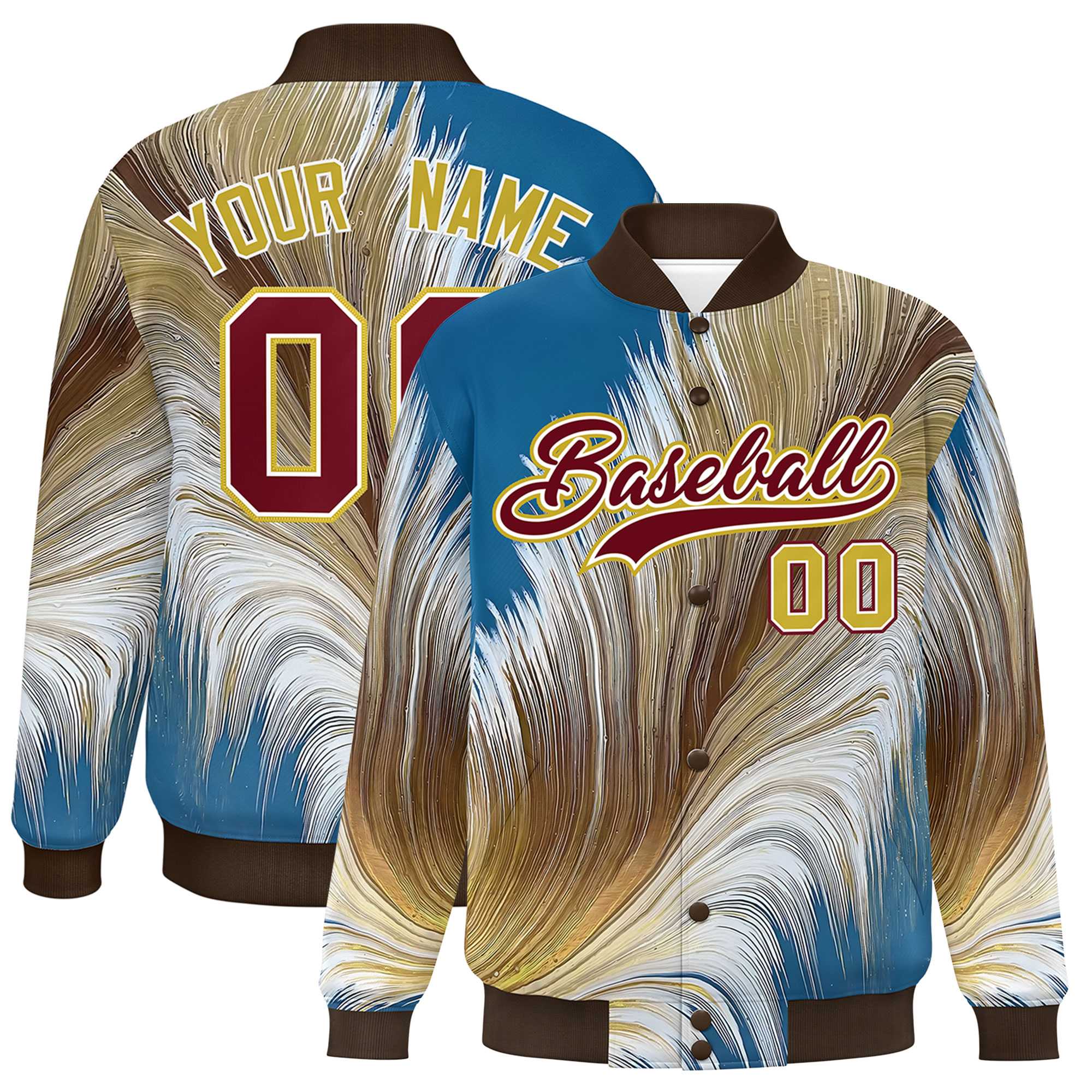 Custom Brown Varsity Full-Snap Feather Fluid Pattern Letterman Baseball Jacket