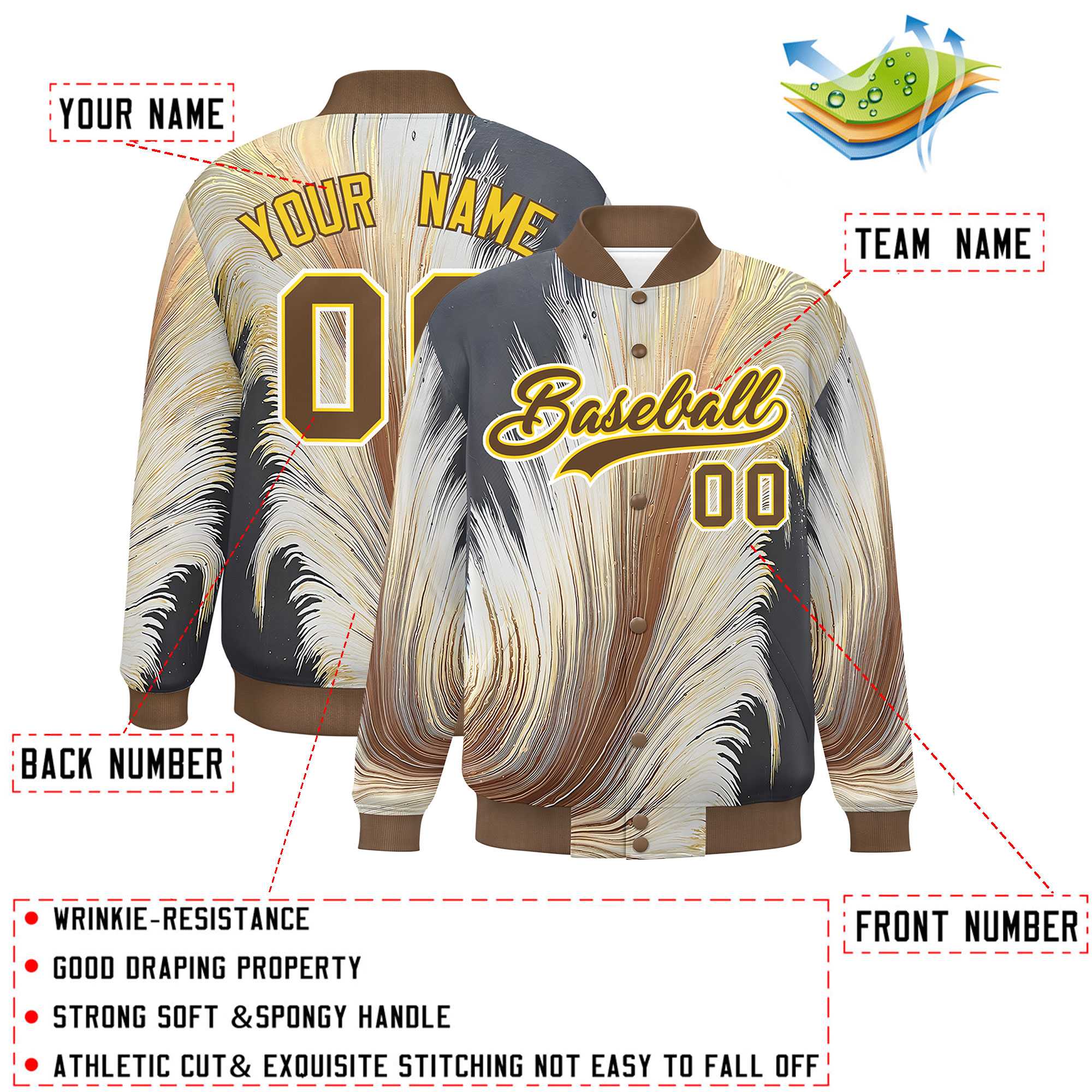 Custom Light Brown Varsity Full-Snap Feather Fluid Pattern Letterman Baseball Jacket