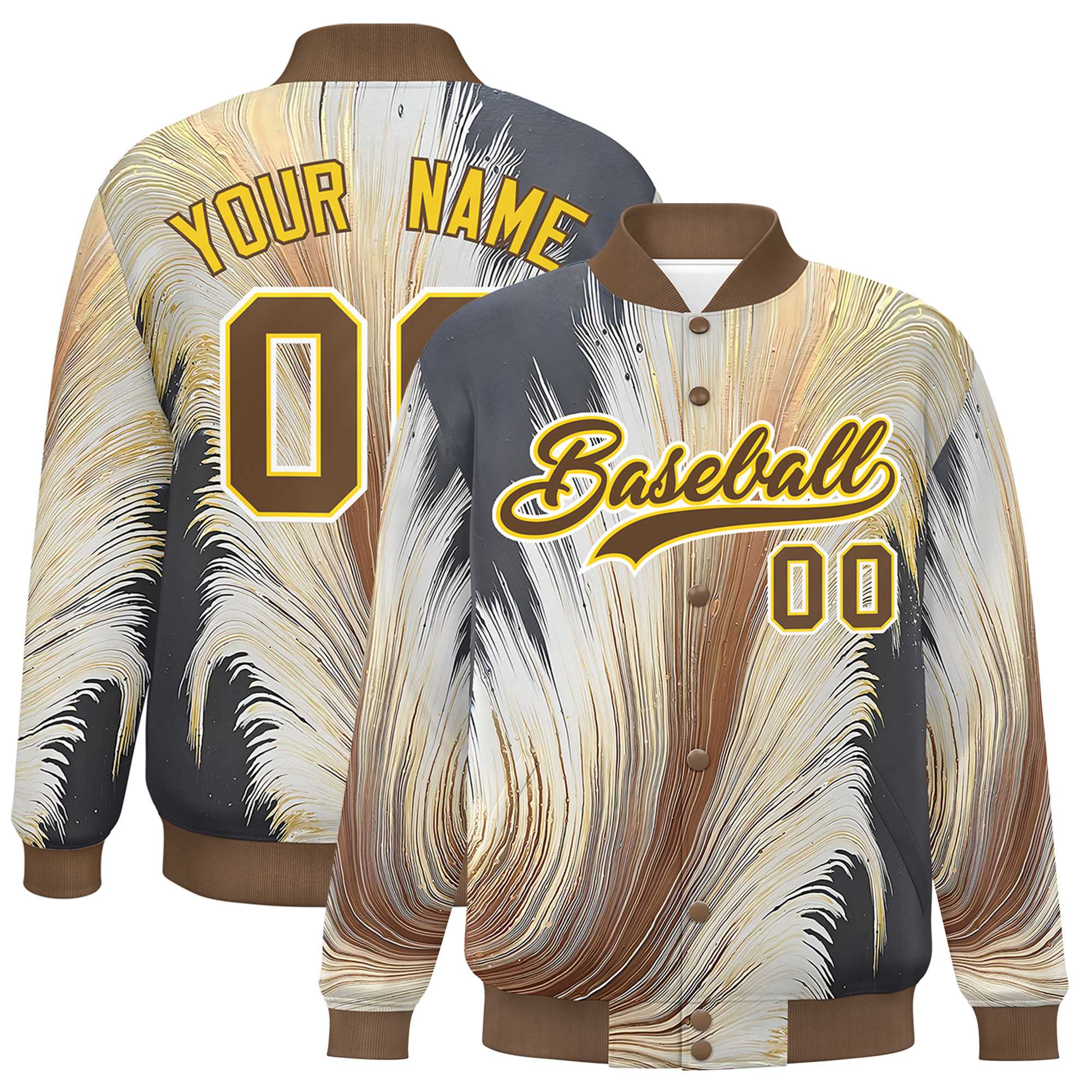 Custom Light Brown Varsity Full-Snap Feather Fluid Pattern Letterman Baseball Jacket