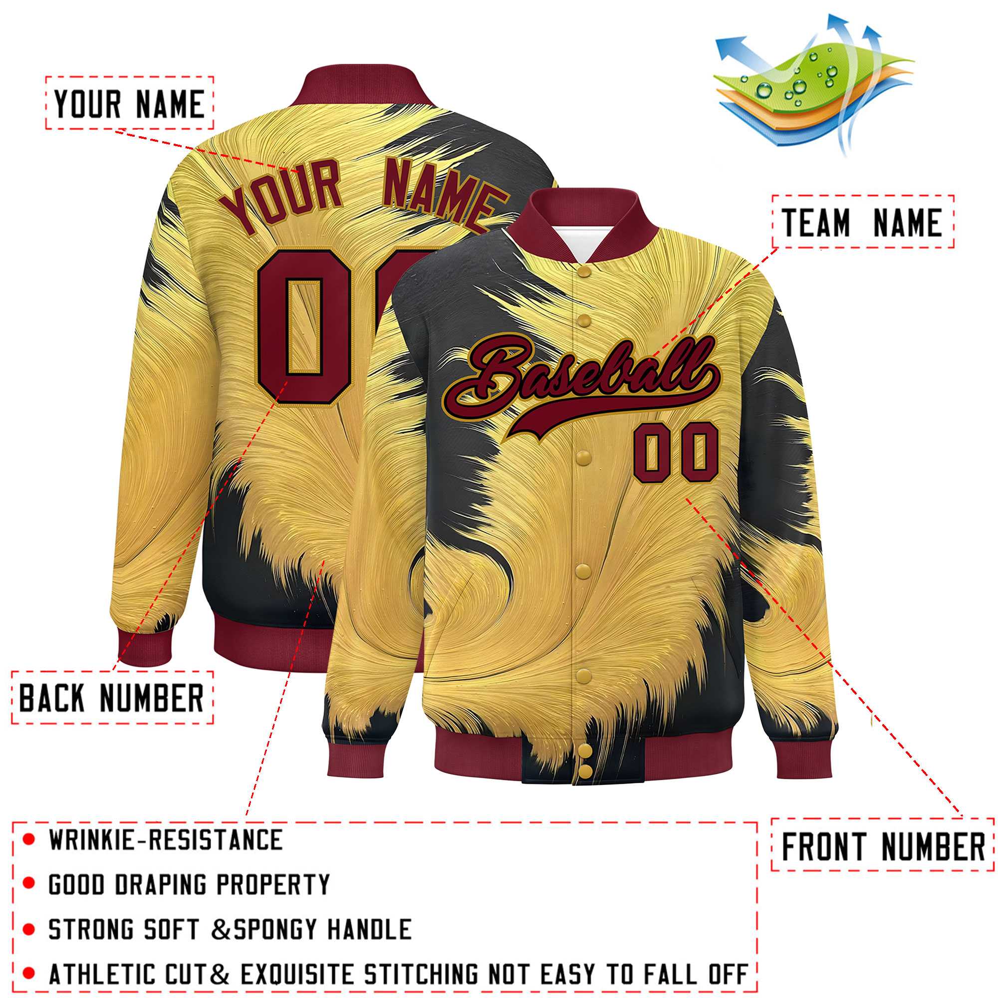 Custom Crimson Varsity Full-Snap Feather Fluid Pattern Letterman Baseball Jacket