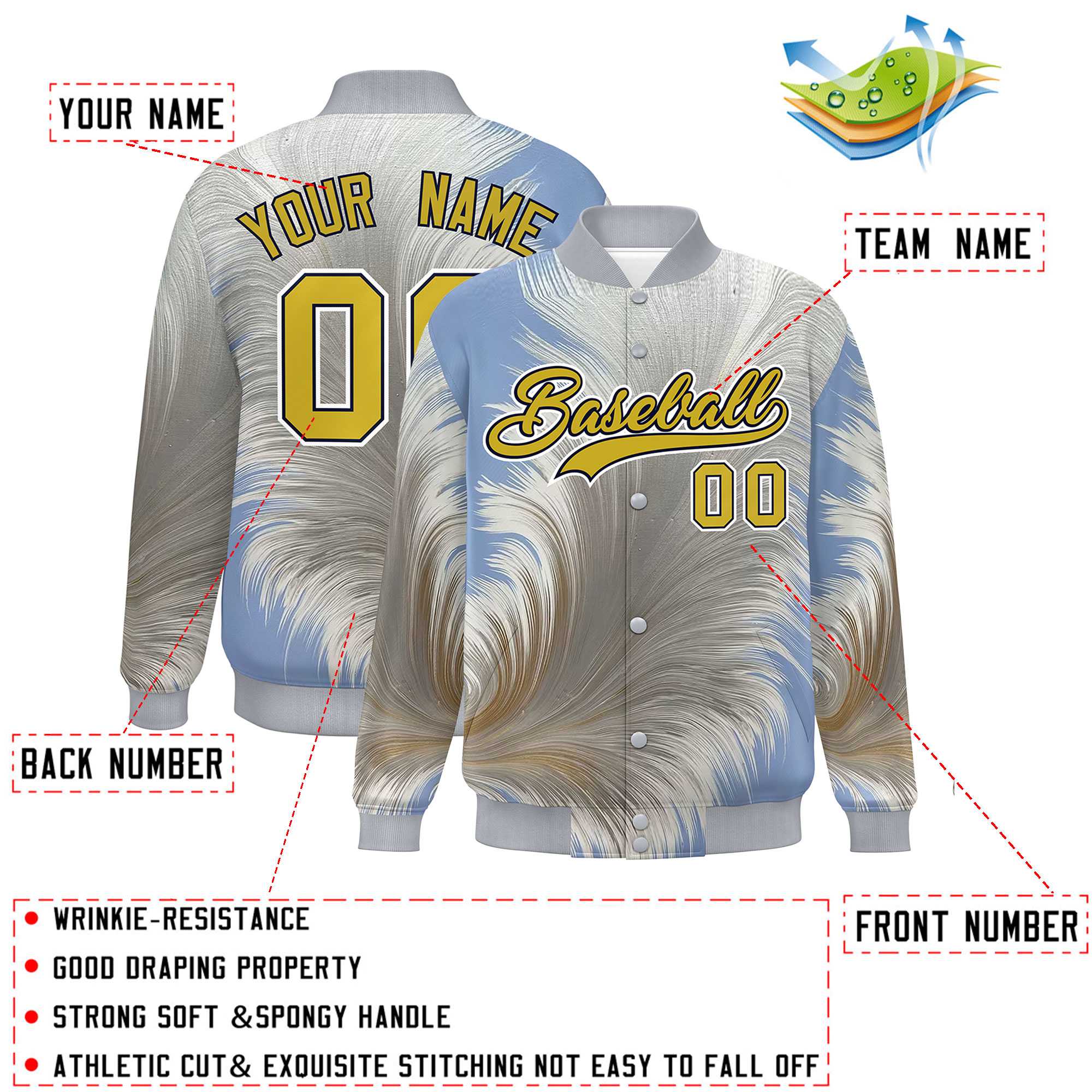 Custom Gray Varsity Full-Snap Feather Fluid Pattern Letterman Baseball Jacket