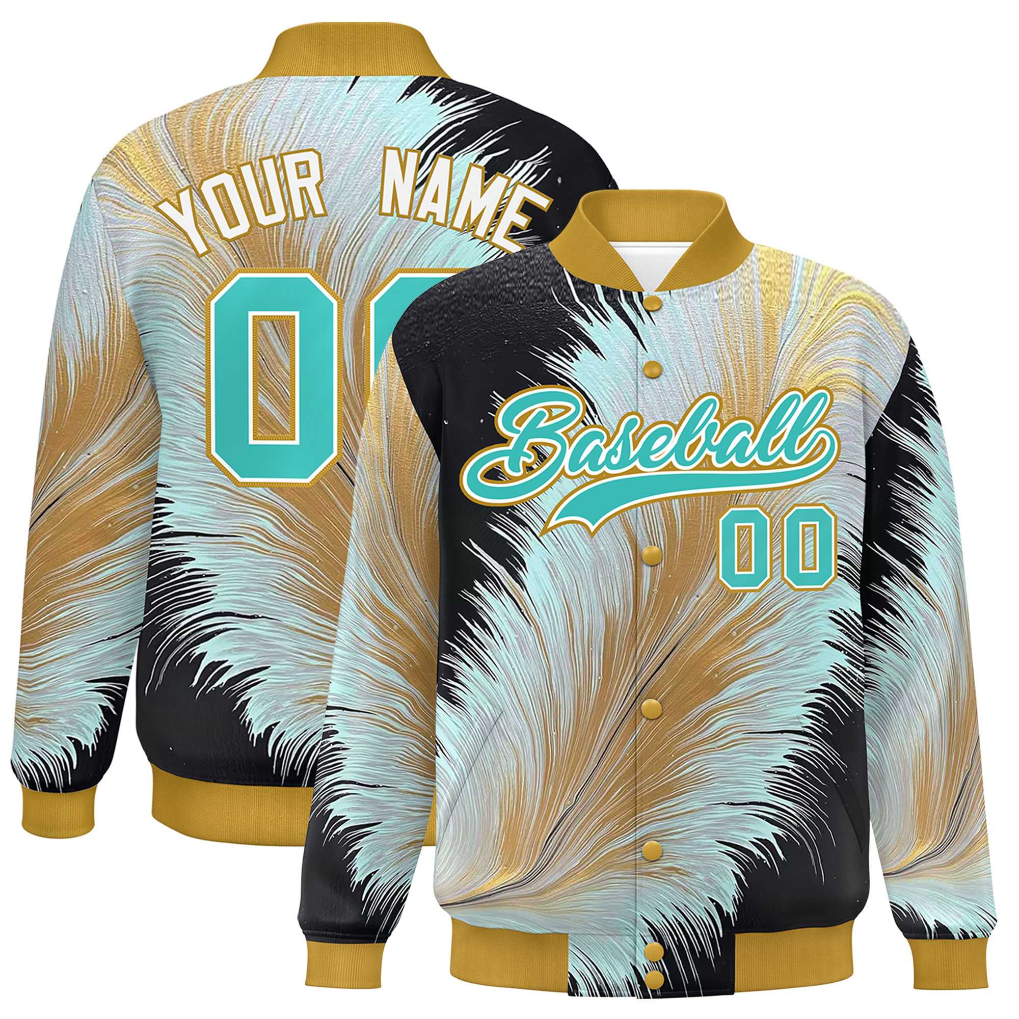 Custom Old Gold Varsity Full-Snap Feather Fluid Pattern Letterman Baseball Jacket