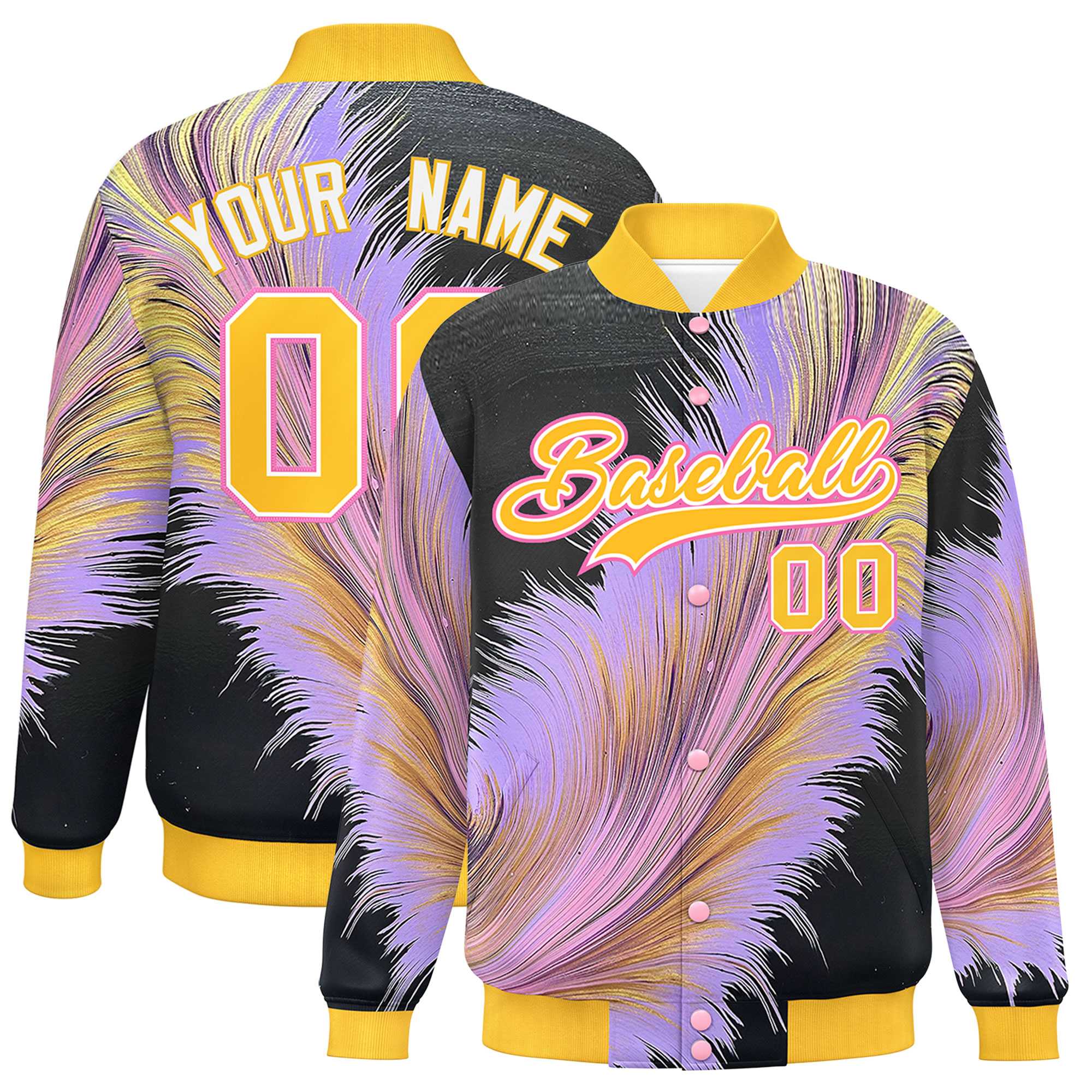 Custom Gold Varsity Full-Snap Feather Fluid Pattern Letterman Baseball Jacket