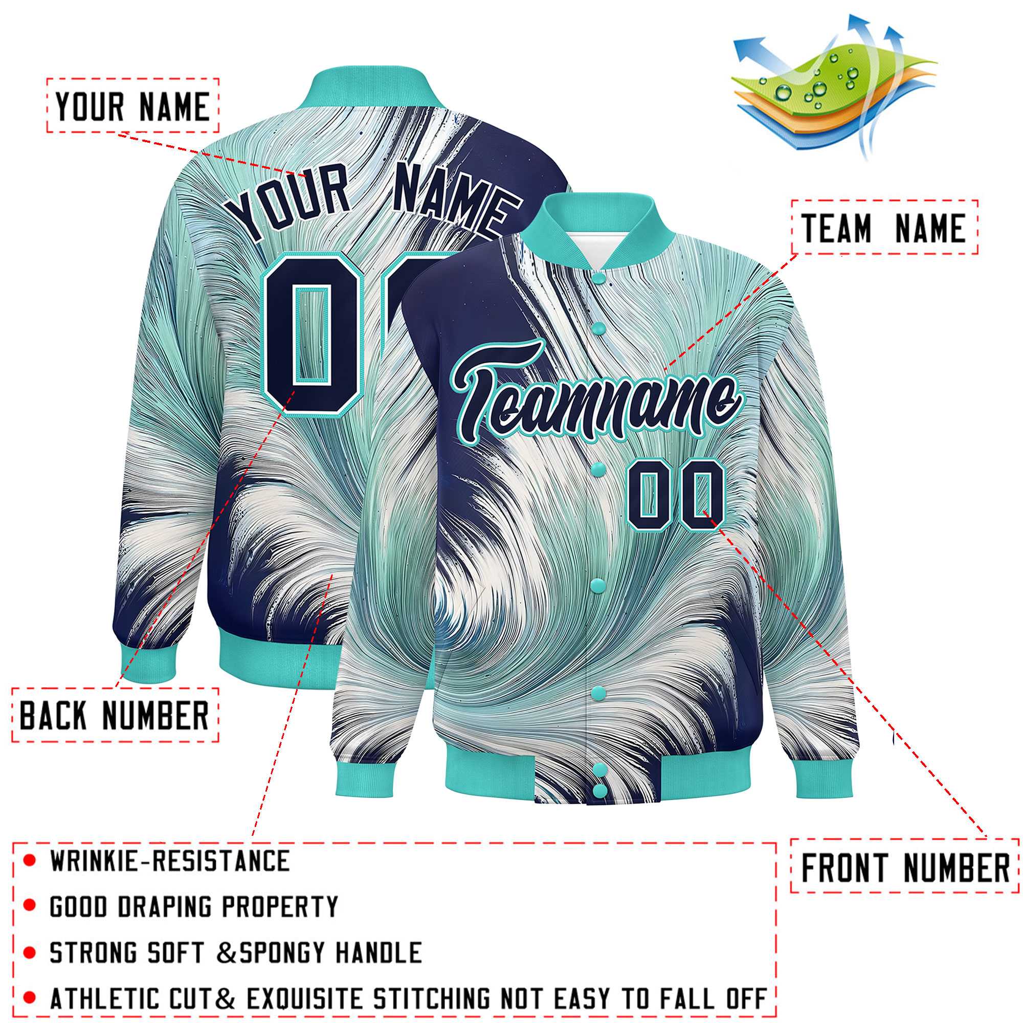 Custom Bright Green Varsity Full-Snap Feather Fluid Pattern Letterman Baseball Jacket