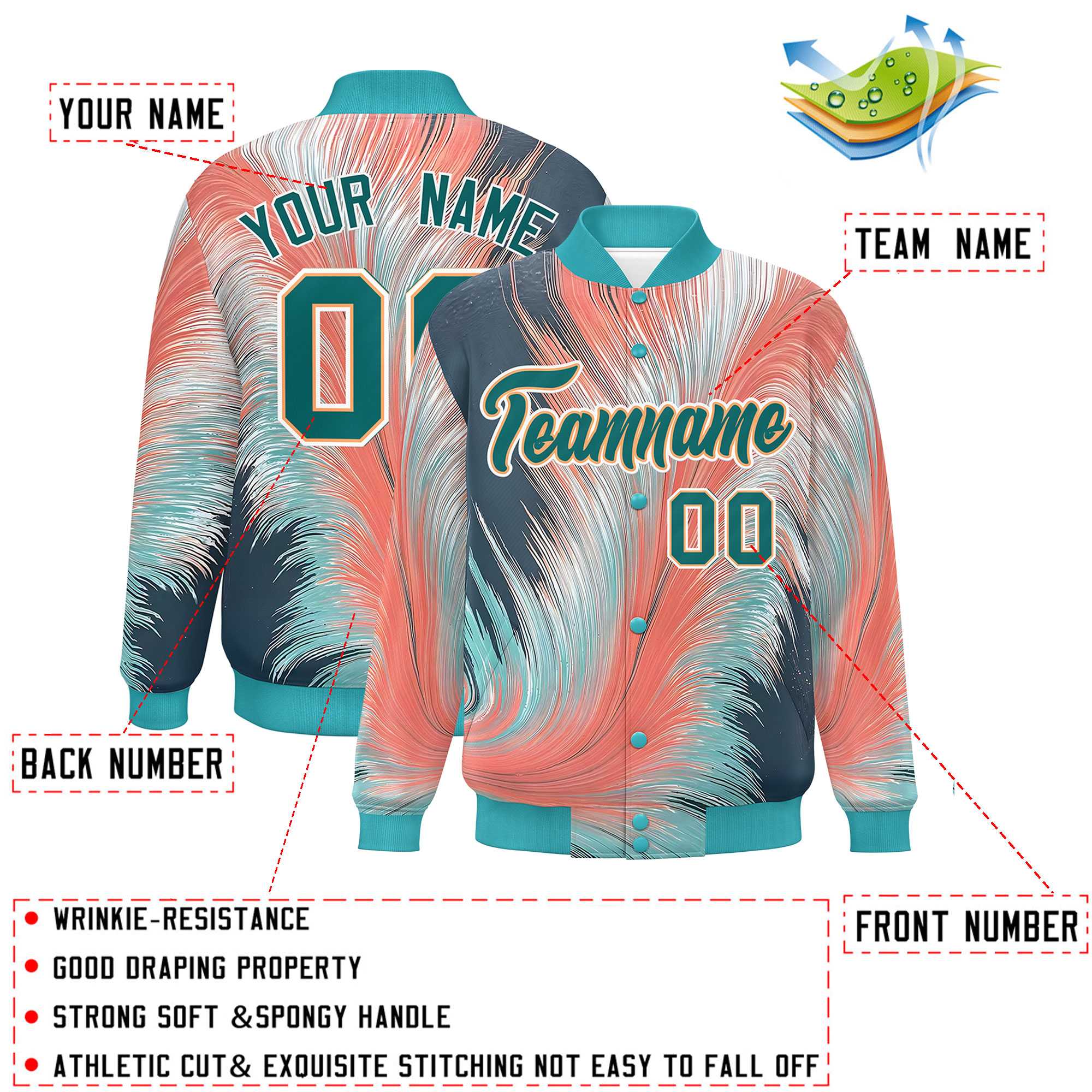 Custom Aqua Varsity Full-Snap Feather Fluid Pattern Letterman Baseball Jacket