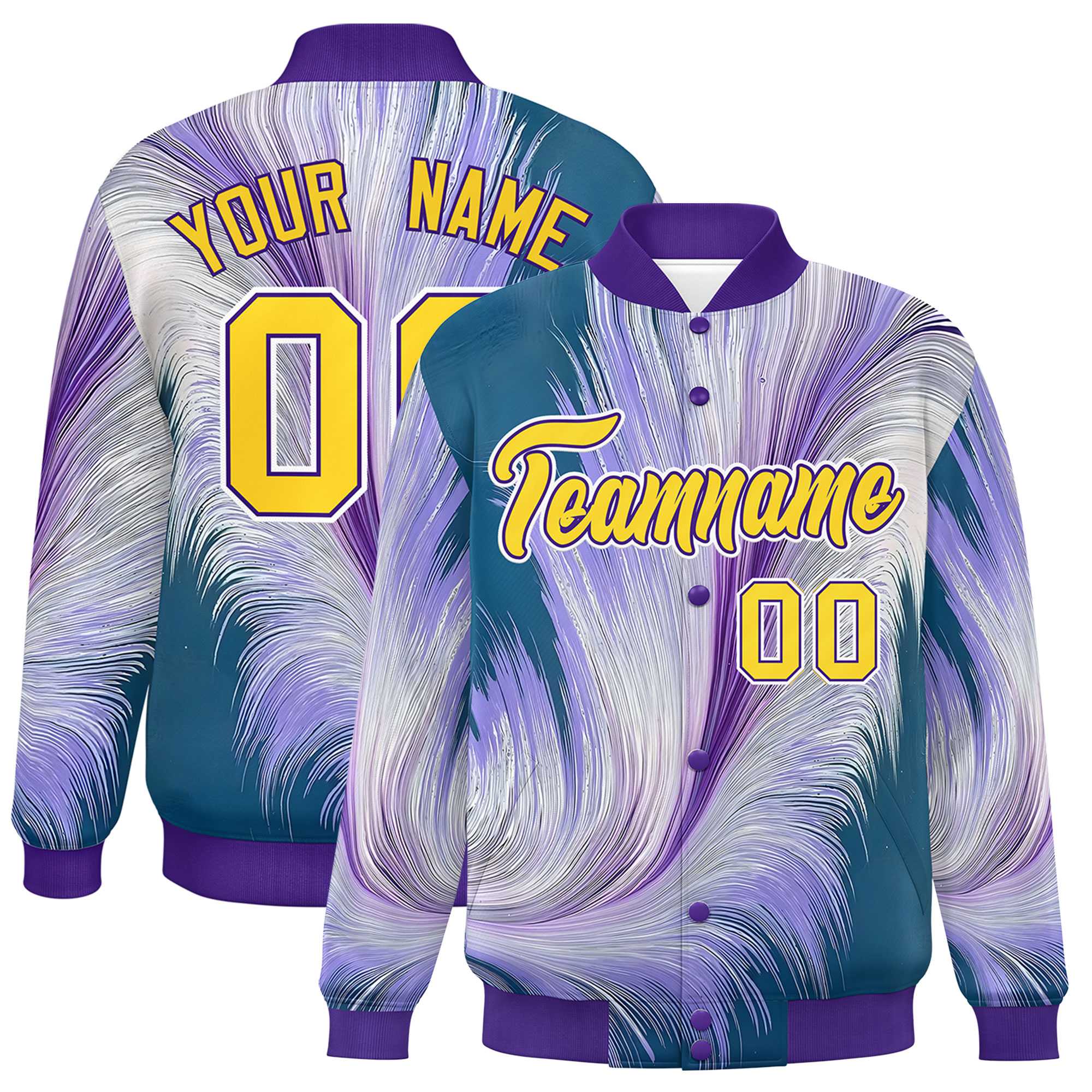 Custom Purple Varsity Full-Snap Feather Fluid Pattern Letterman Baseball Jacket