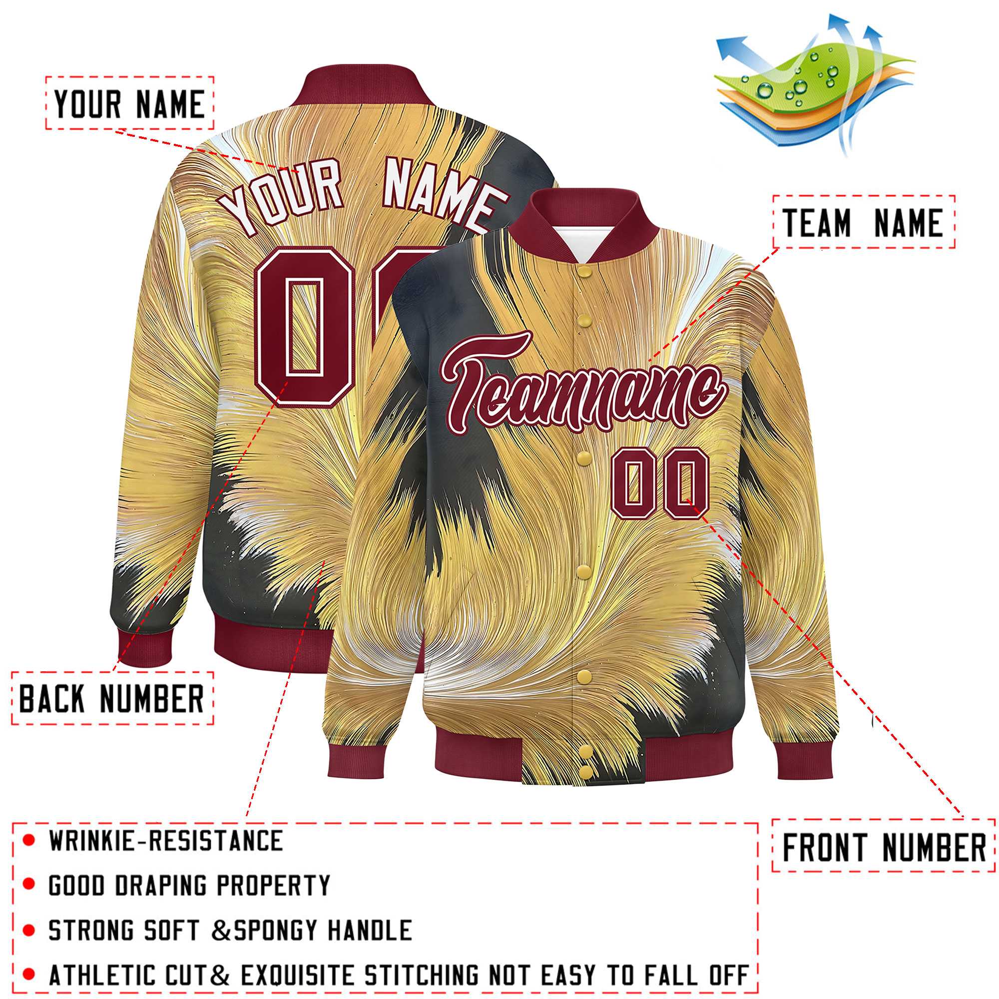 Custom Crimson Varsity Full-Snap Feather Fluid Pattern Letterman Baseball Jacket