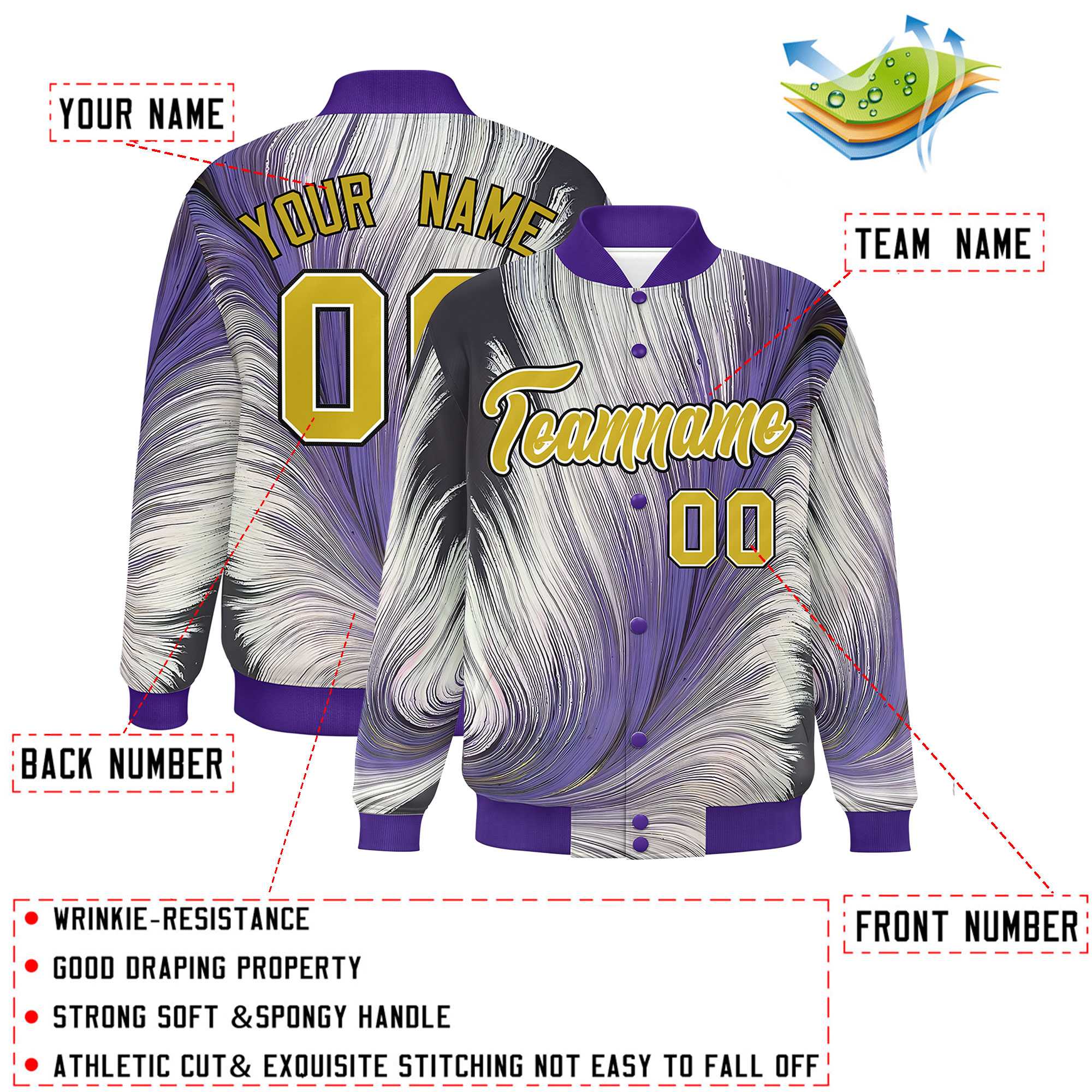 Custom Purple Varsity Full-Snap Feather Fluid Pattern Letterman Baseball Jacket