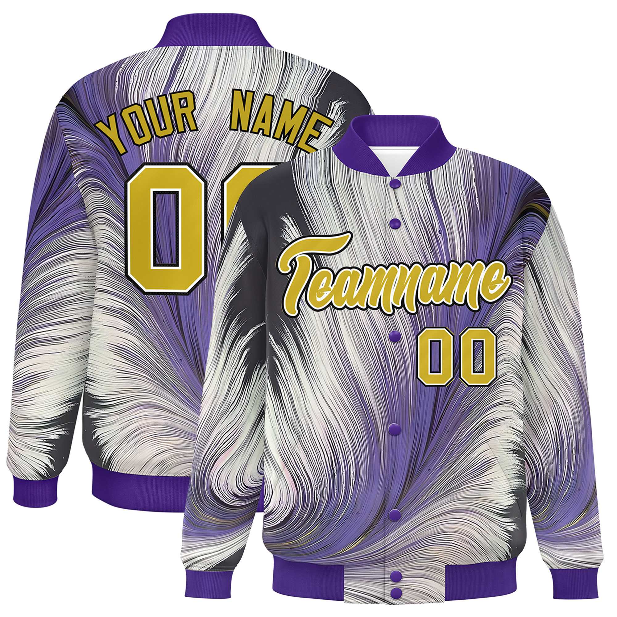 Custom Purple Varsity Full-Snap Feather Fluid Pattern Letterman Baseball Jacket