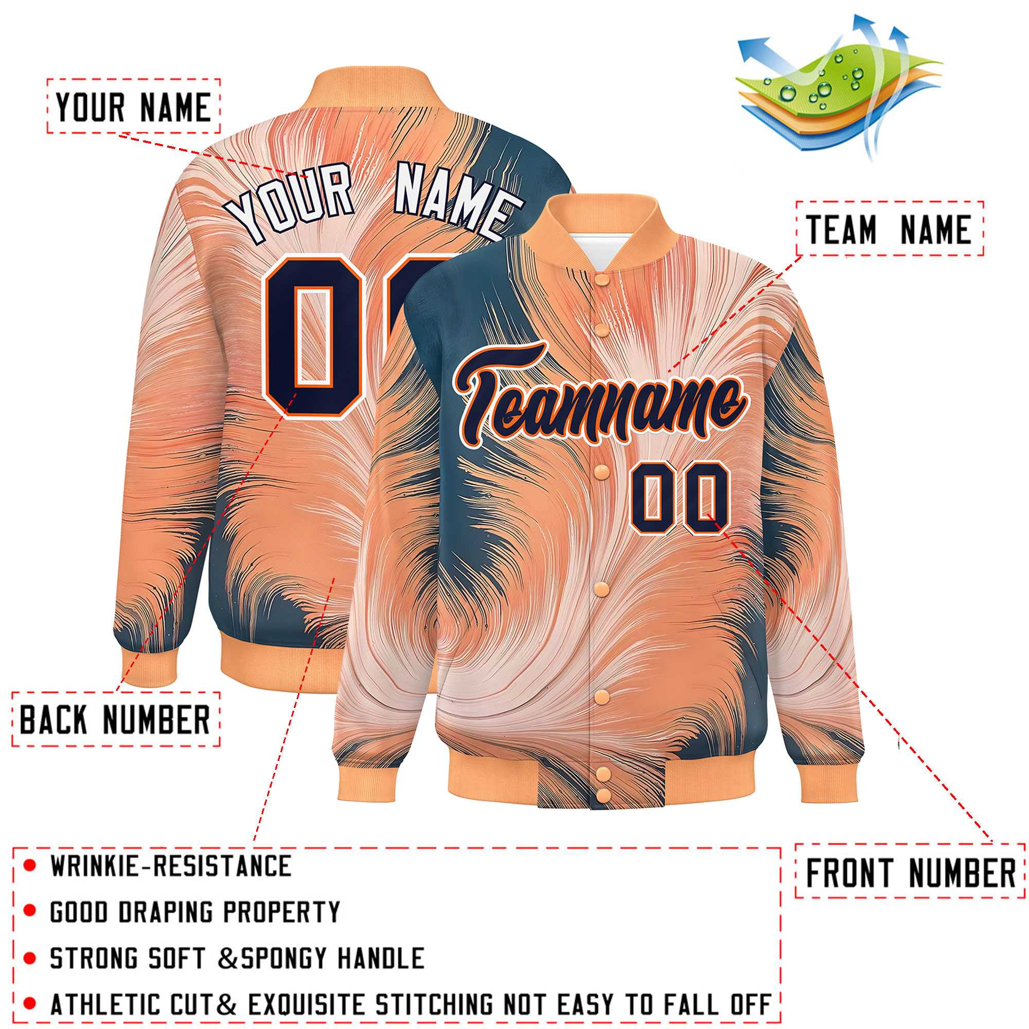 Custom Orange Varsity Full-Snap Feather Fluid Pattern Letterman Baseball Jacket