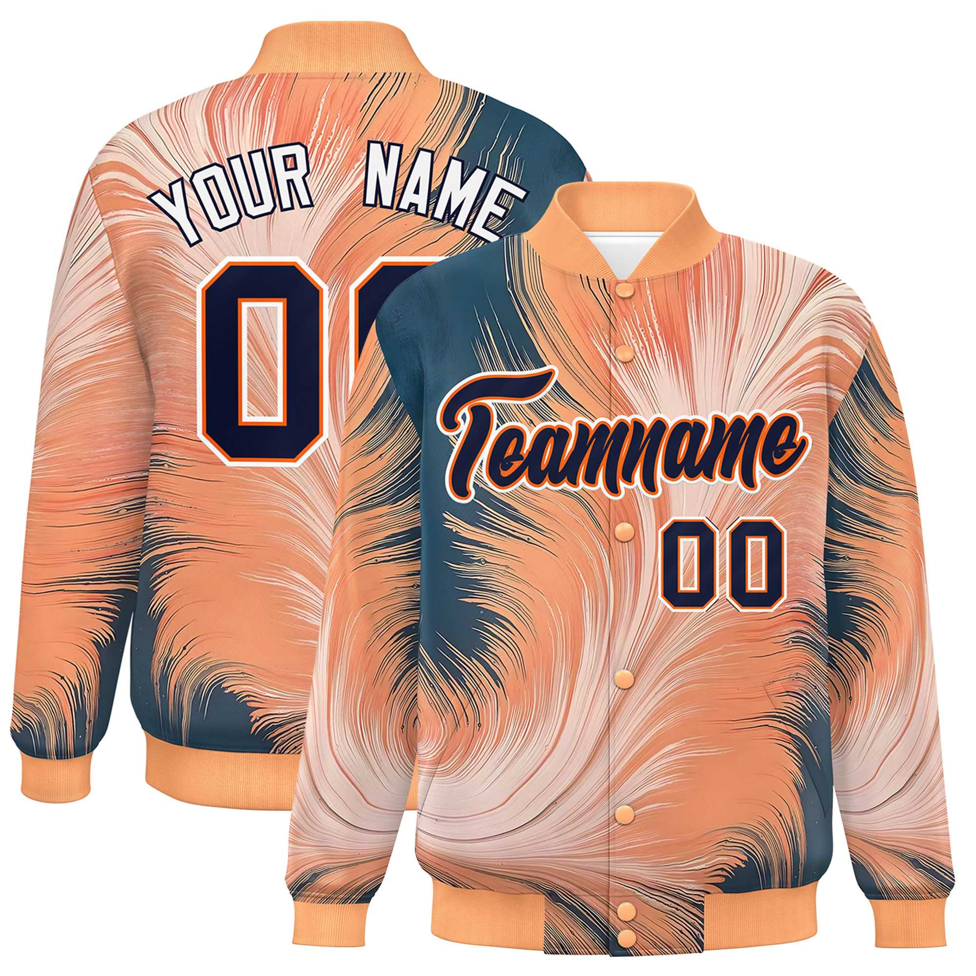 Custom Orange Varsity Full-Snap Feather Fluid Pattern Letterman Baseball Jacket