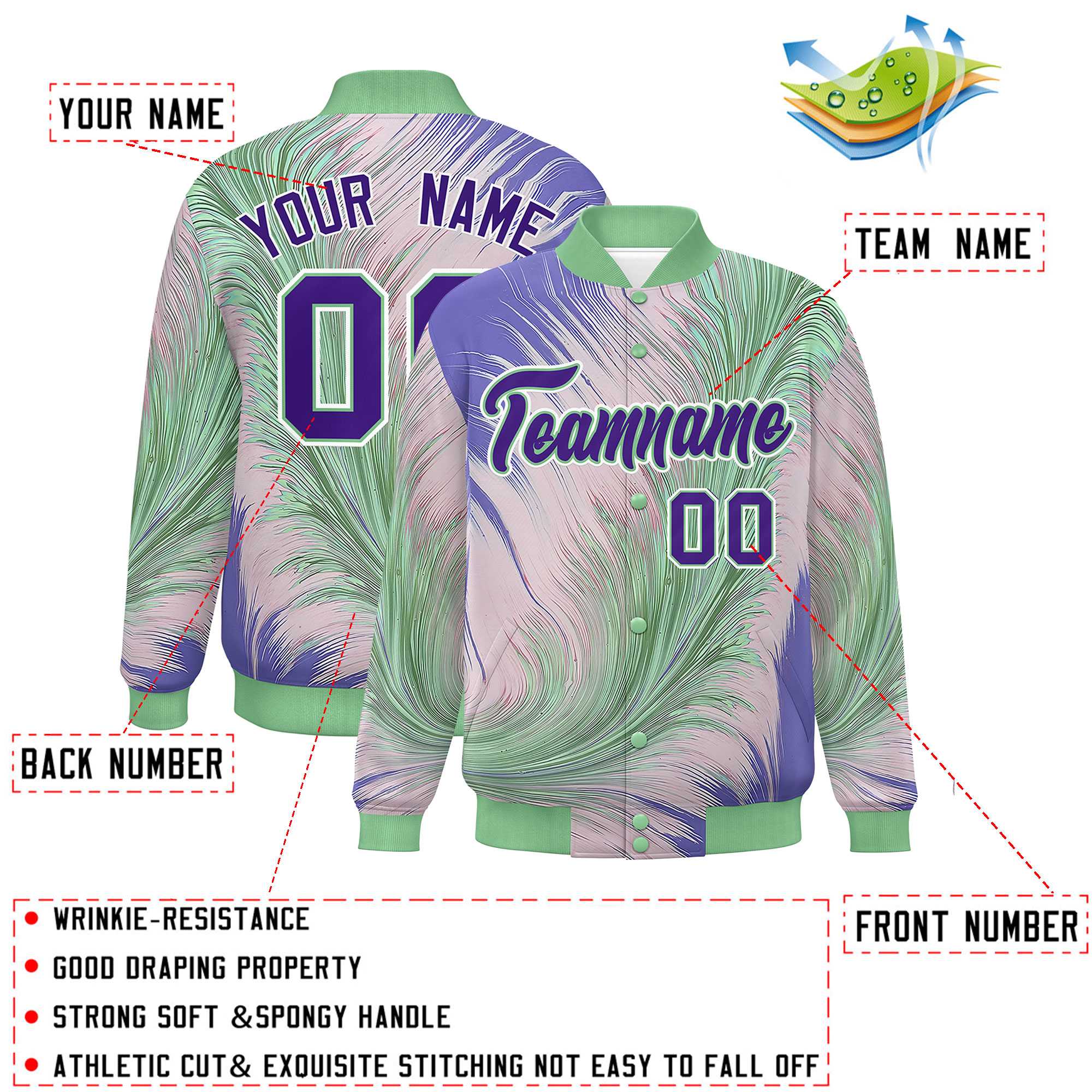 Custom Green Varsity Full-Snap Feather Fluid Pattern Letterman Baseball Jacket