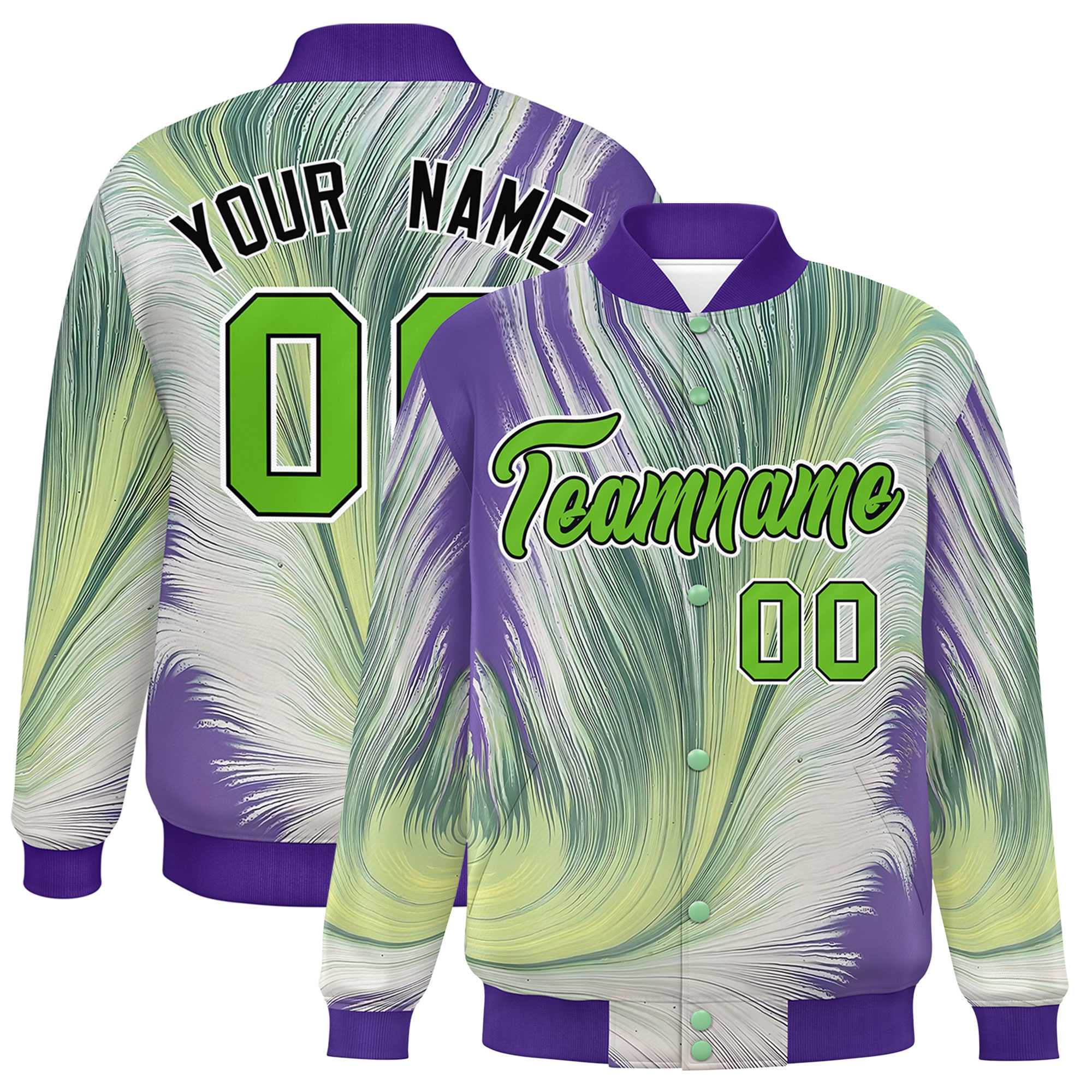 Custom Purple Varsity Full-Snap Feather Fluid Pattern Letterman Baseball Jacket