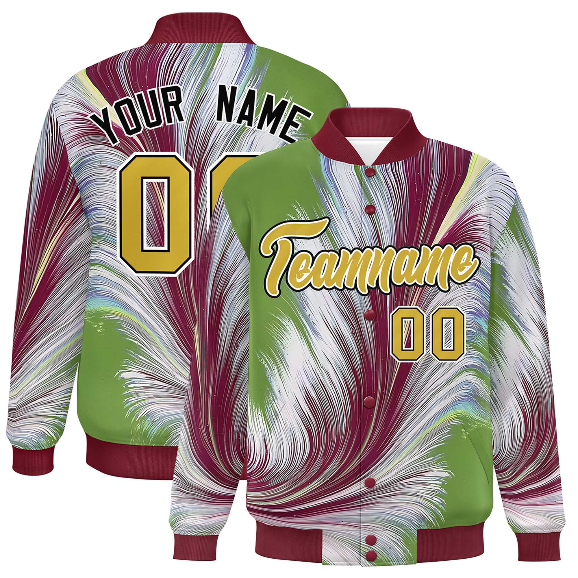 Custom Crimson Varsity Full-Snap Feather Fluid Pattern Letterman Baseball Jacket