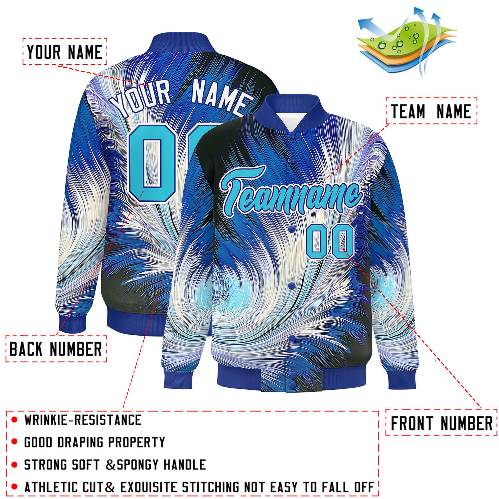 Custom Royal Varsity Full-Snap Feather Fluid Pattern Letterman Baseball Jacket